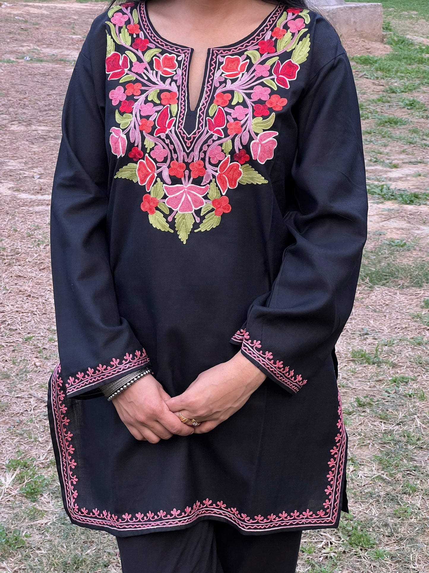 Black With Red Embroidered Cotton Straight Kurti