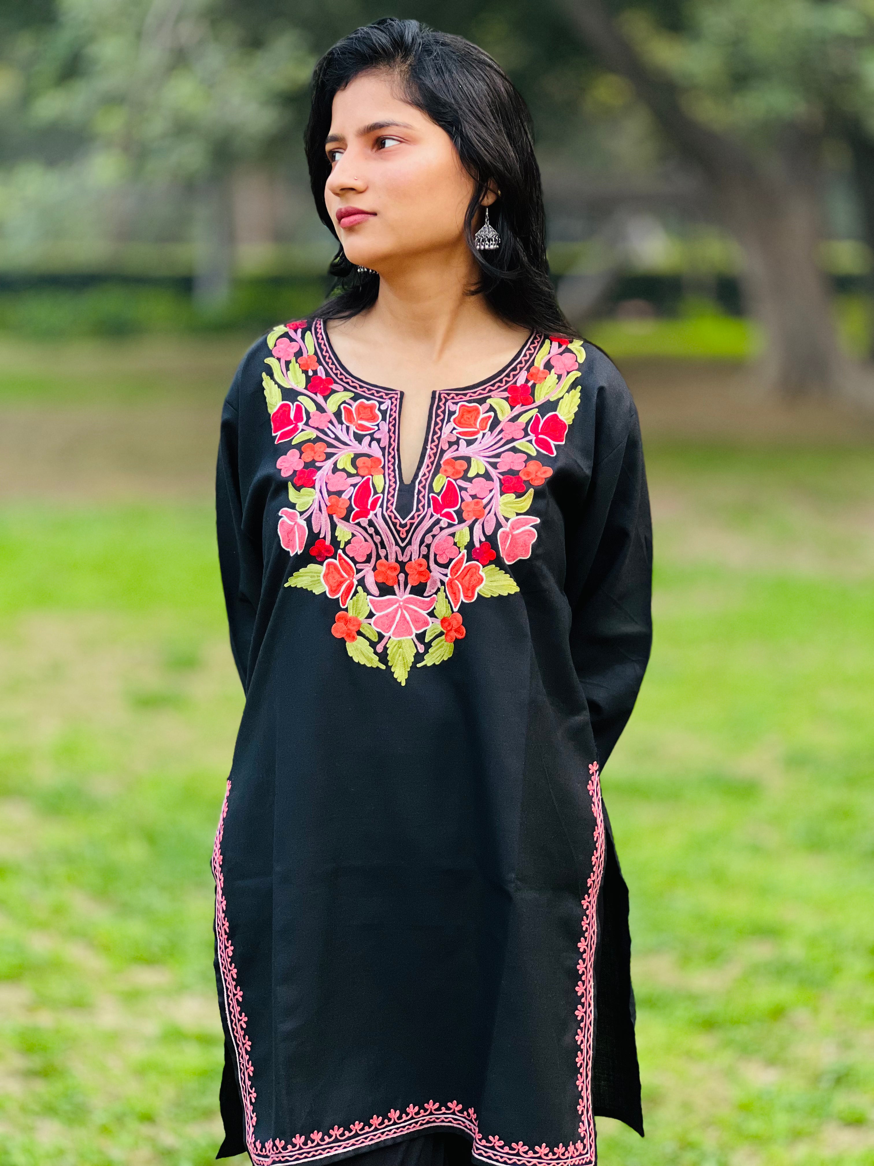 Black With Red Embroidered Thread Work Cotton Straight Kurti For Women