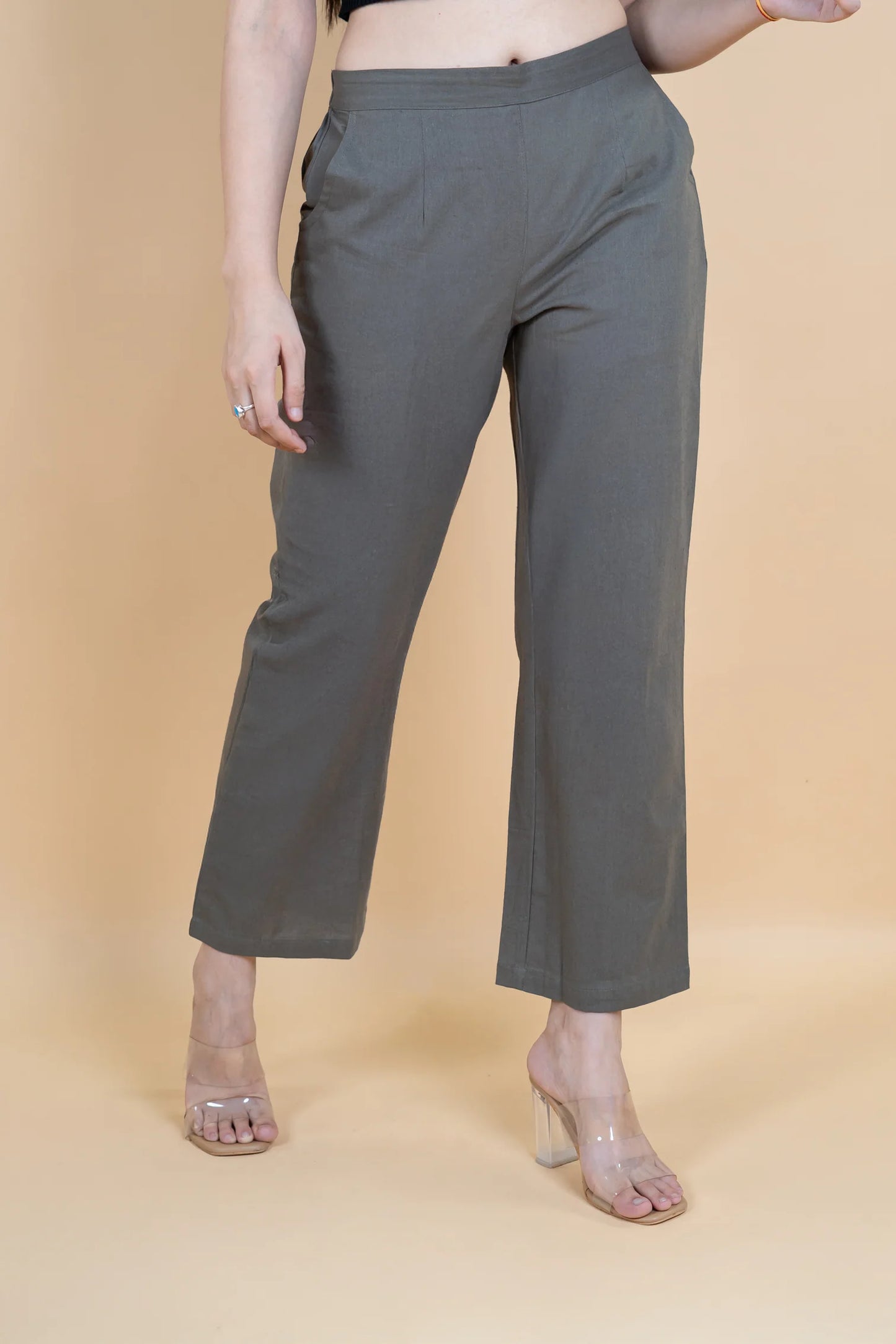 Cement Grey Women Wide Leg Cotton Pant