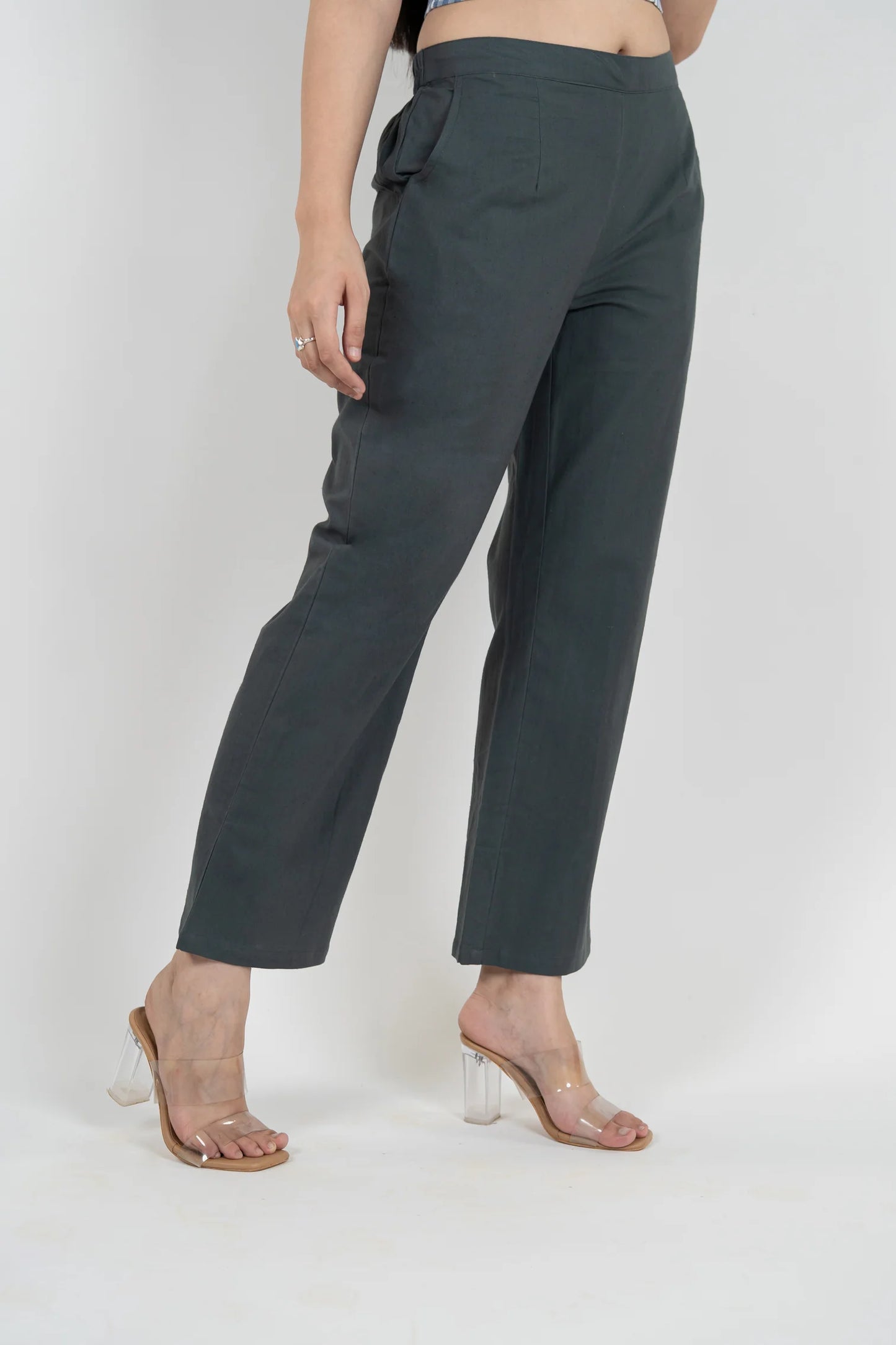 Charcoal Blue Women Wide Leg Cotton Pant