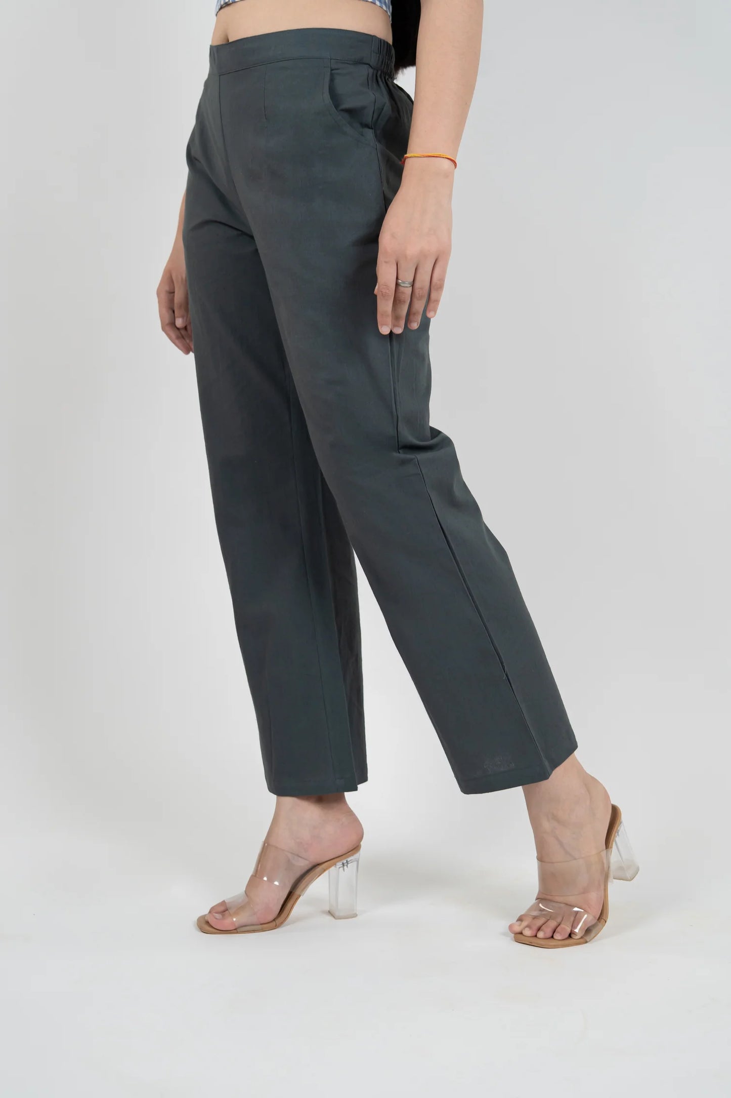 Charcoal Blue Women Wide Leg Cotton Pant