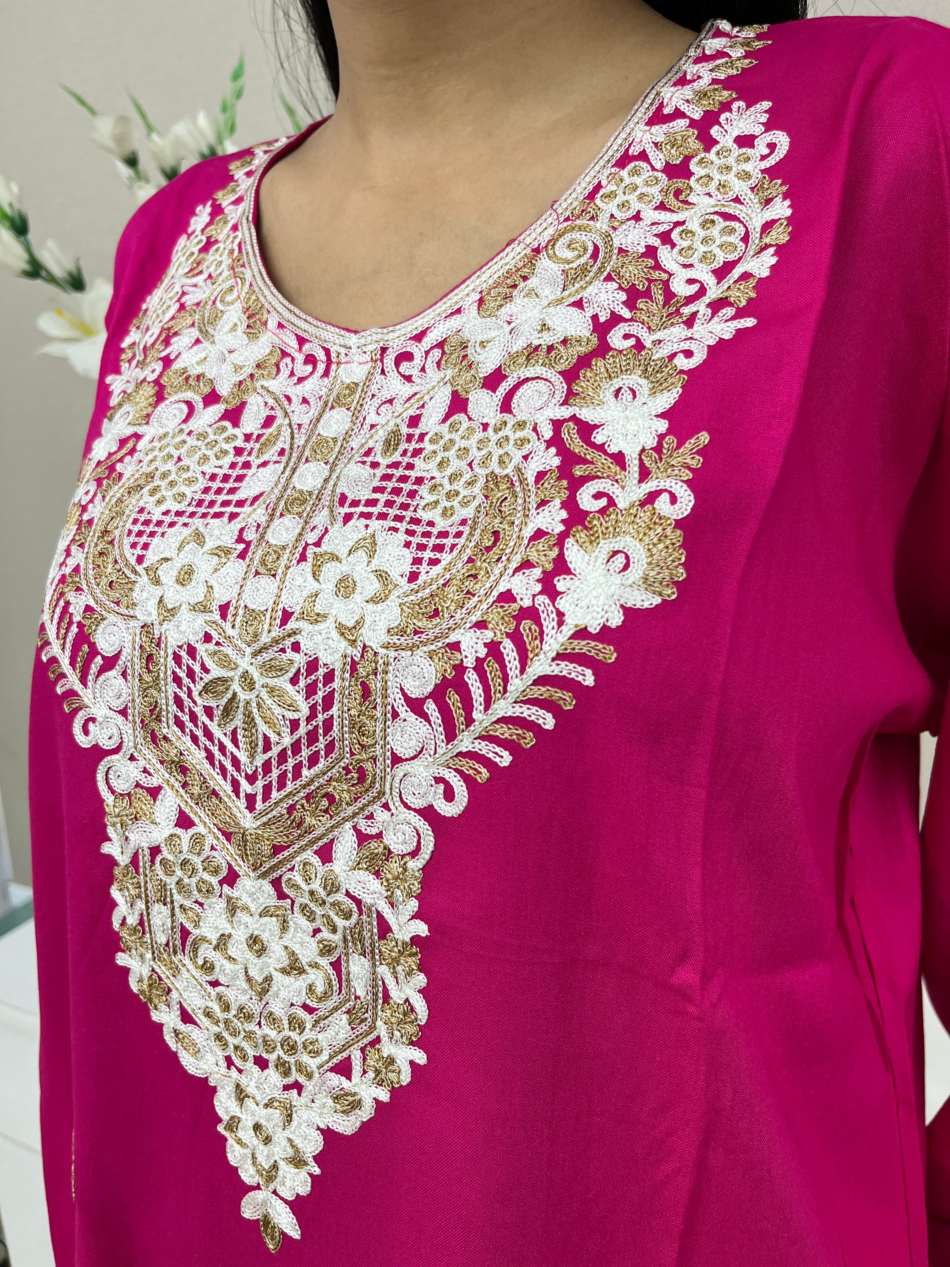 Hot Pink Embroidered Rayon Straight Kurti For Women