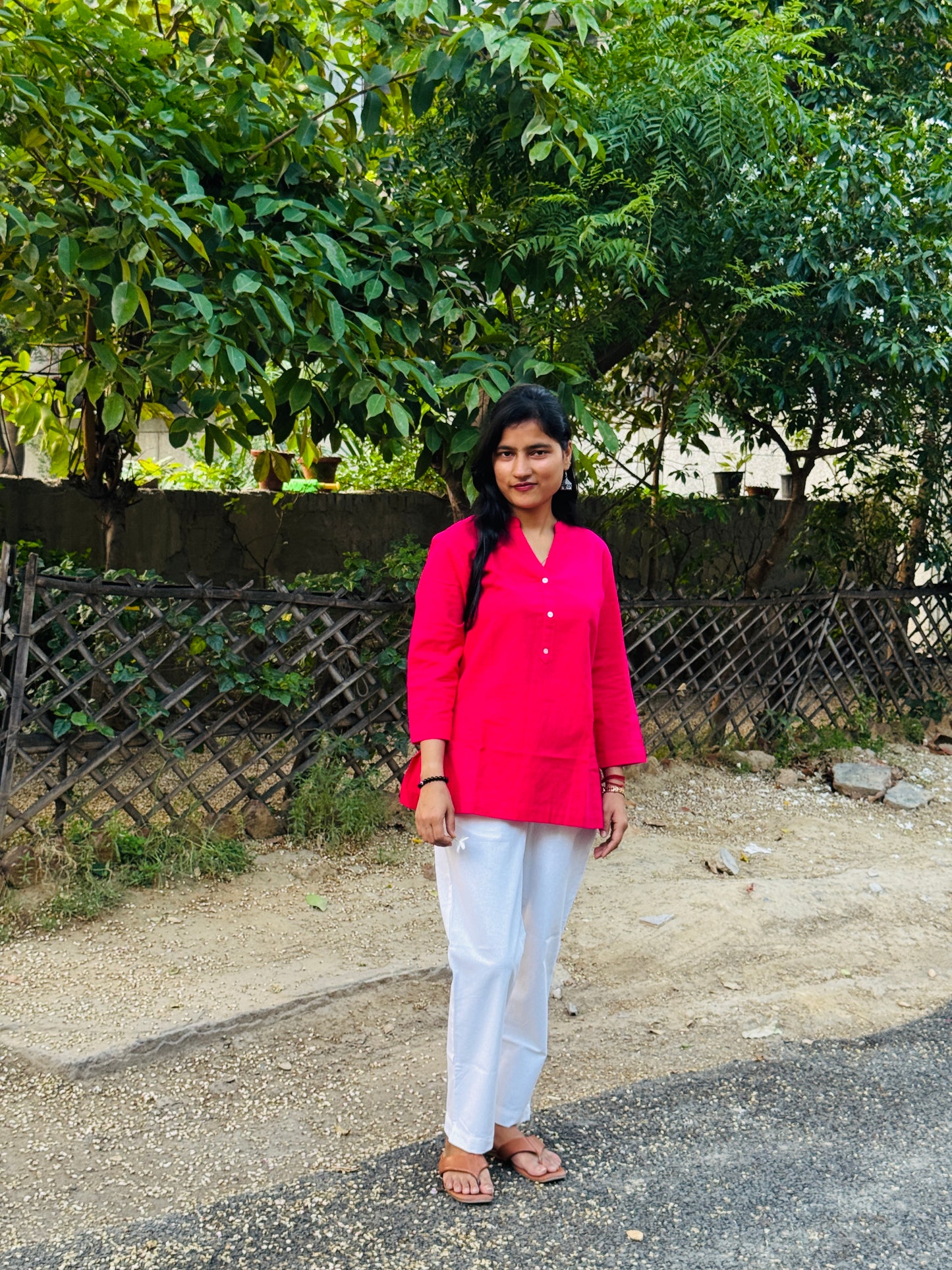 Hot Pink Kurti and White Pant Set