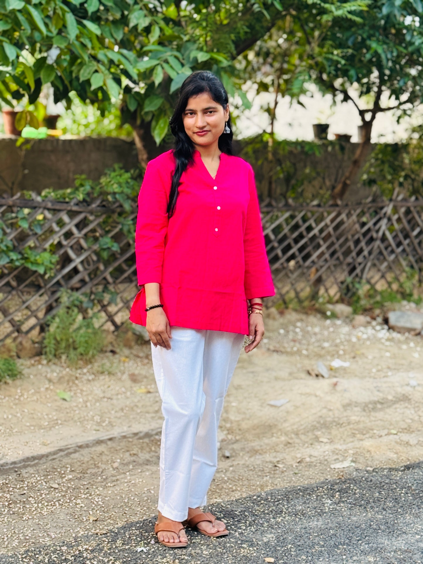 Hot Pink Kurti and White Pant Set