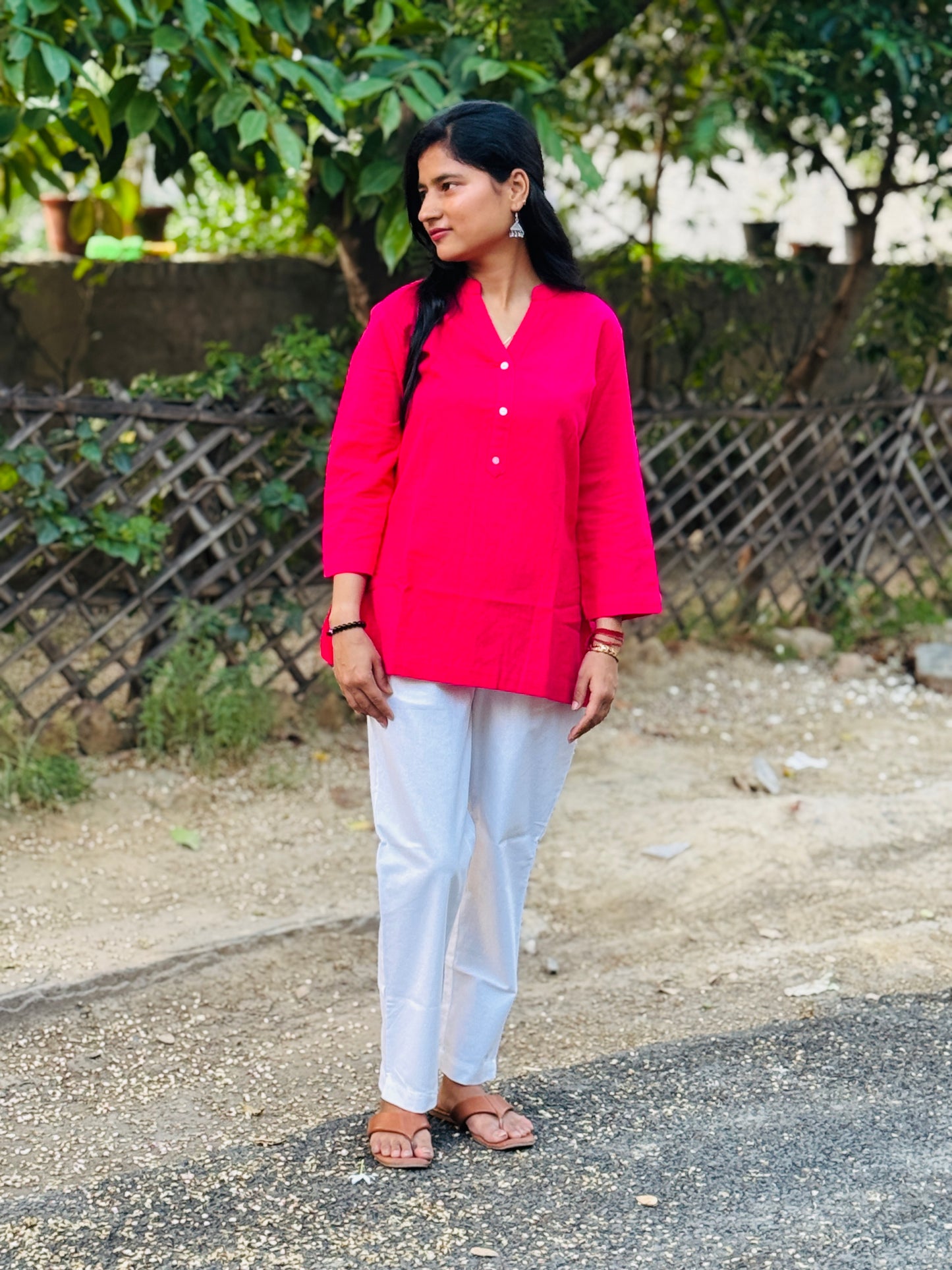 Hot Pink Kurti and White Pant Set