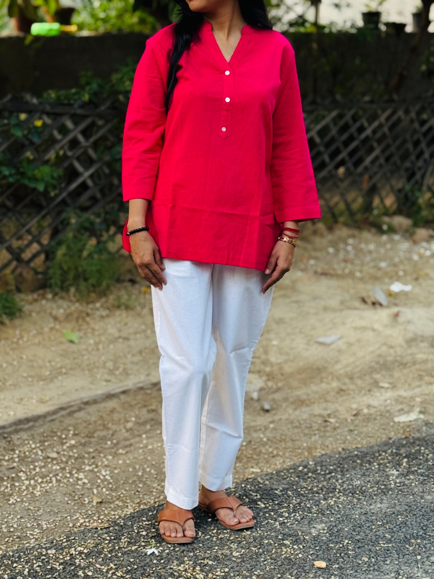 Hot Pink Kurti and White Pant Set