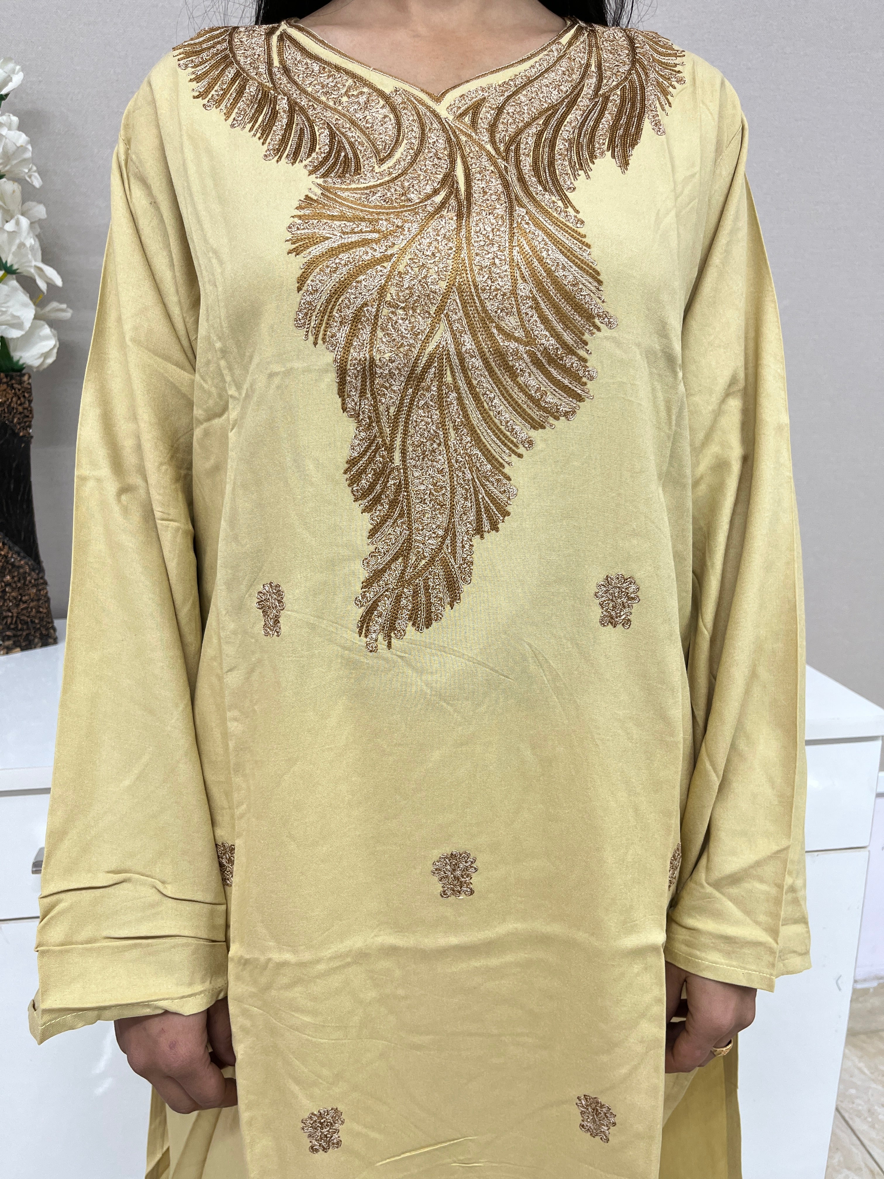 Light Brown Embroidered Thread Work Rayon Straight Kurti For Women