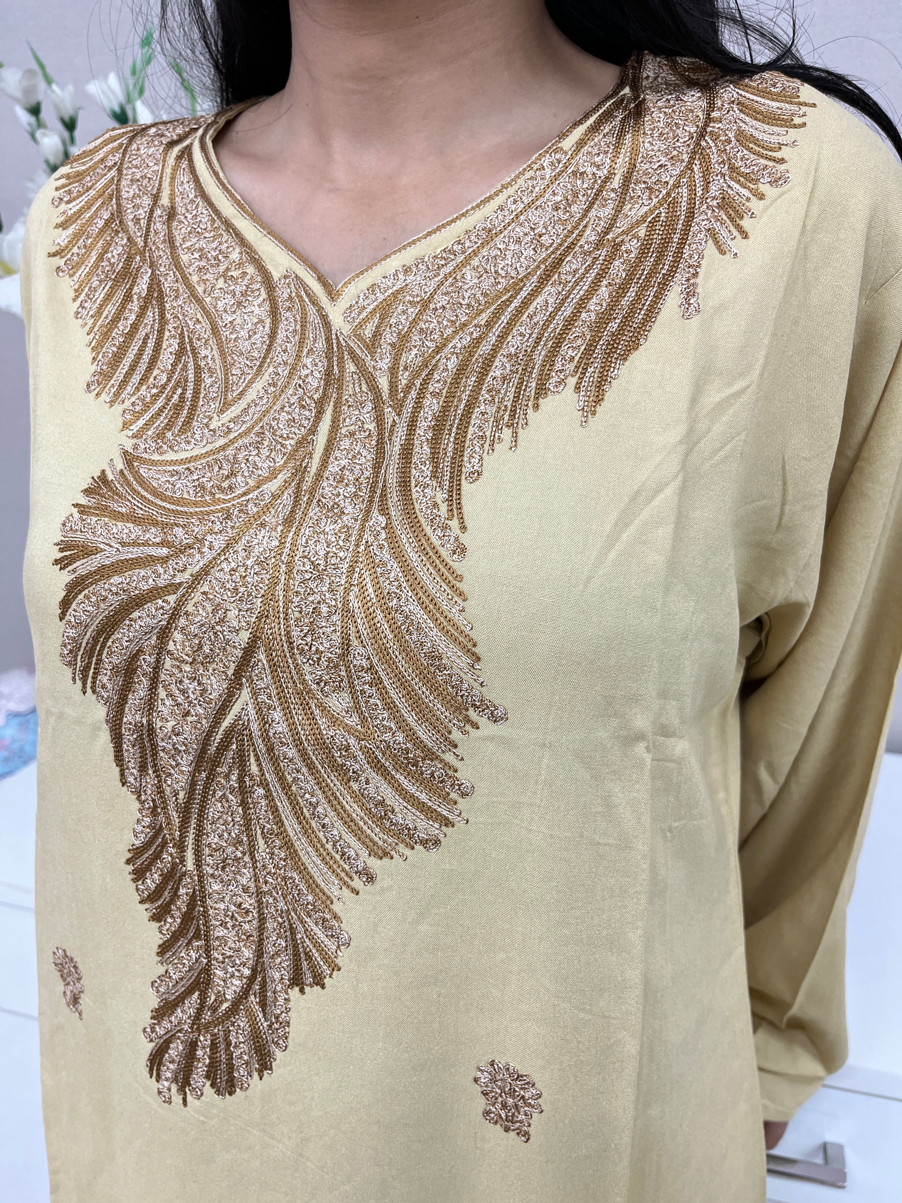 Light Brown Thread Work Rayon Straight Kurti For Women