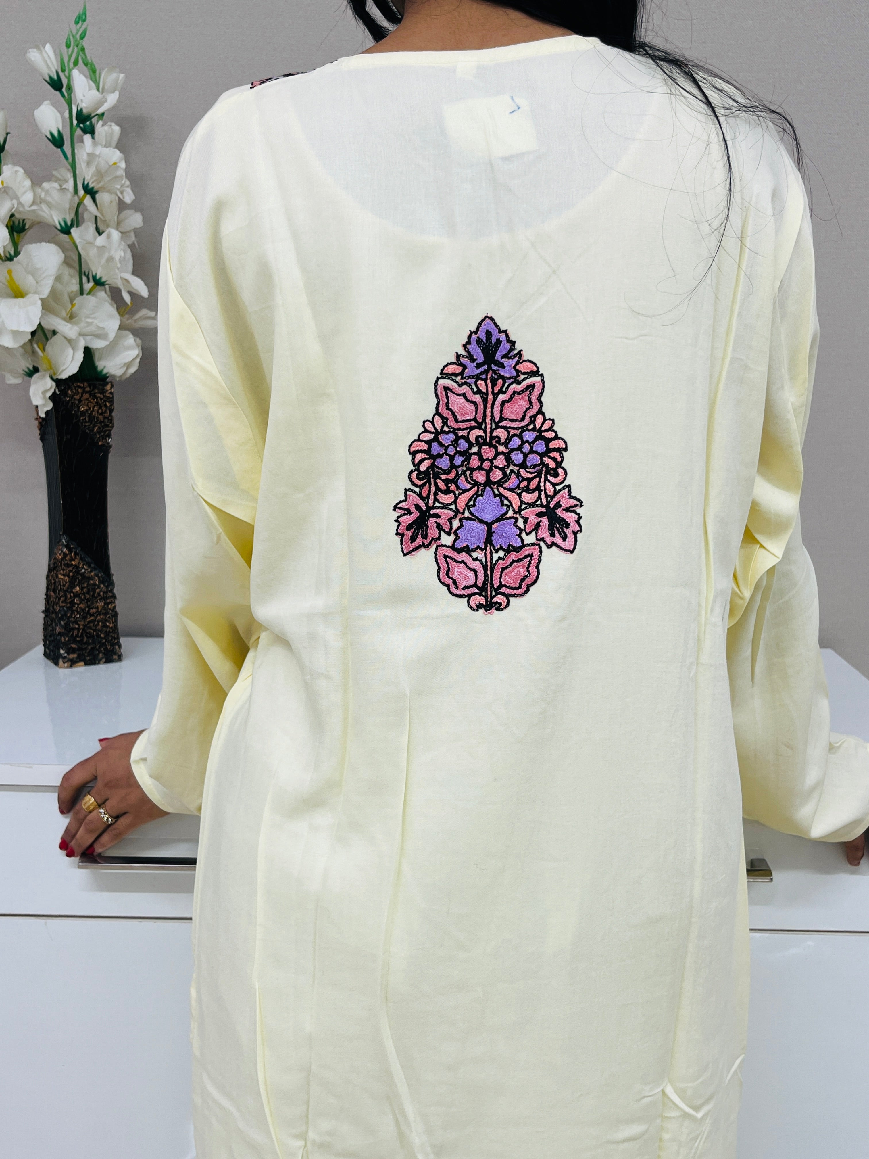 Light Yellow Thread Work Rayon Straight Kurti For Women