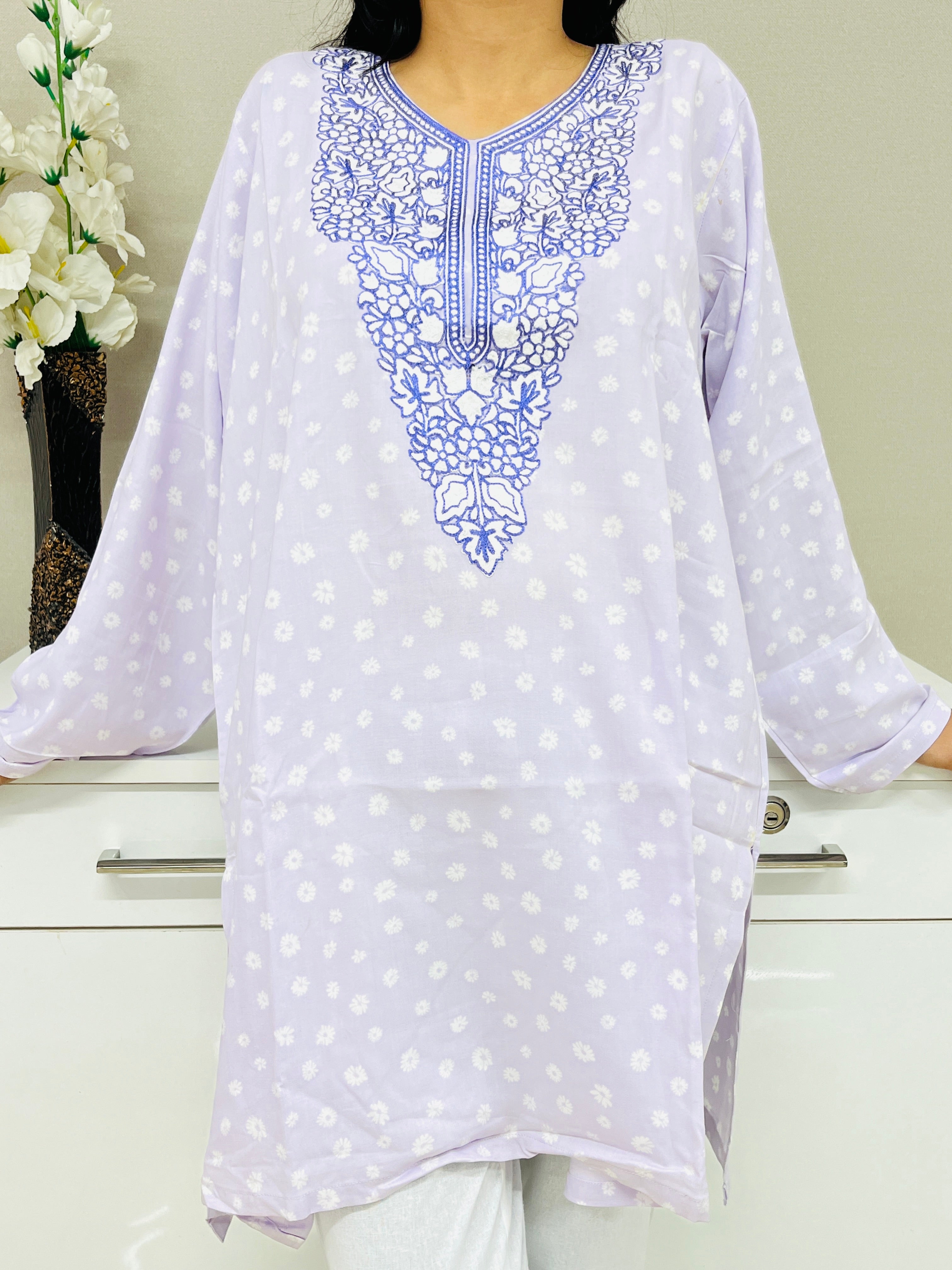 Lilac Embroidered Thread Work Rayon Straight Kurti For Women