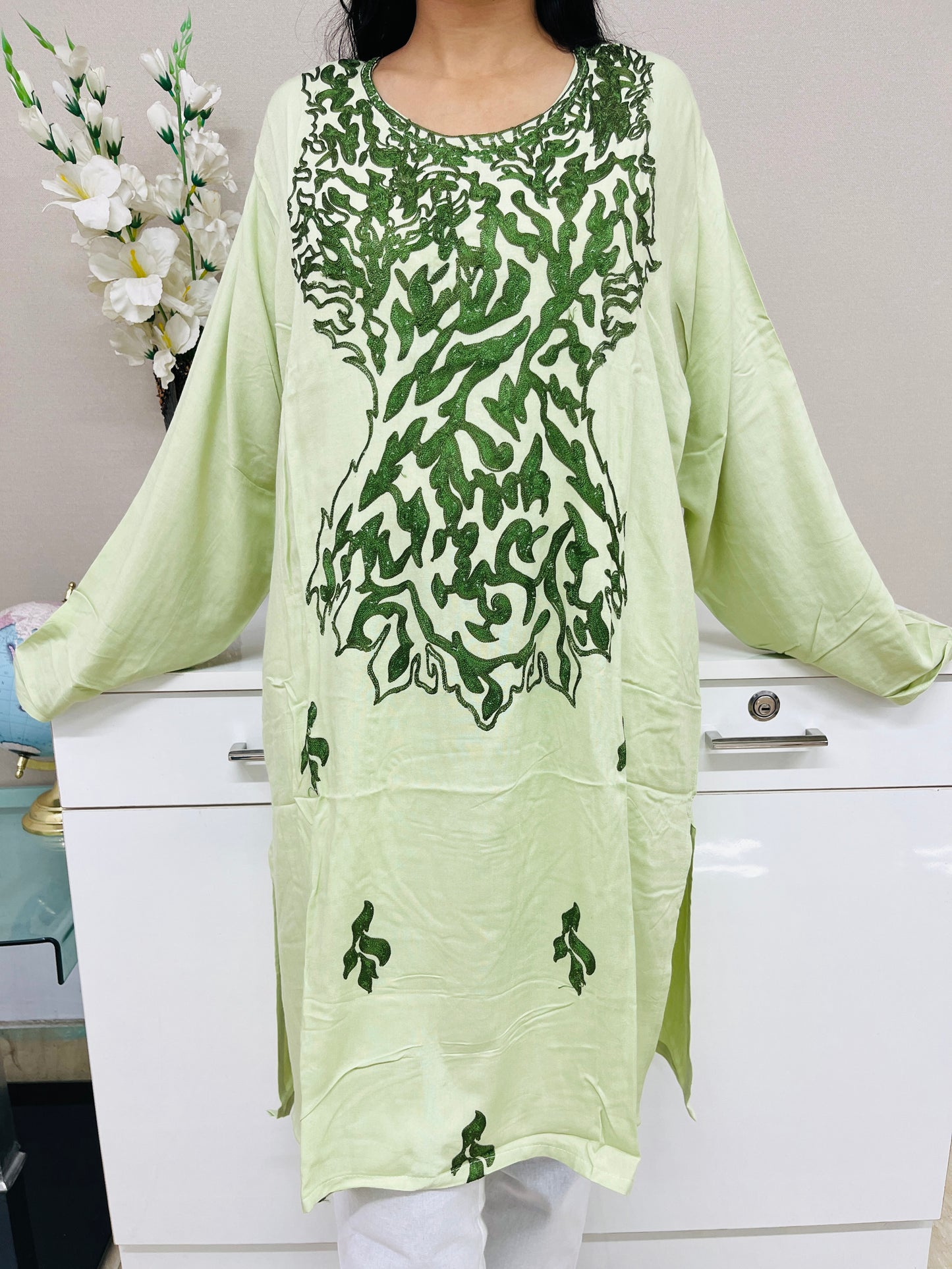Mint Green Embroidered Thread Work Rayon Straight Kurti For Women