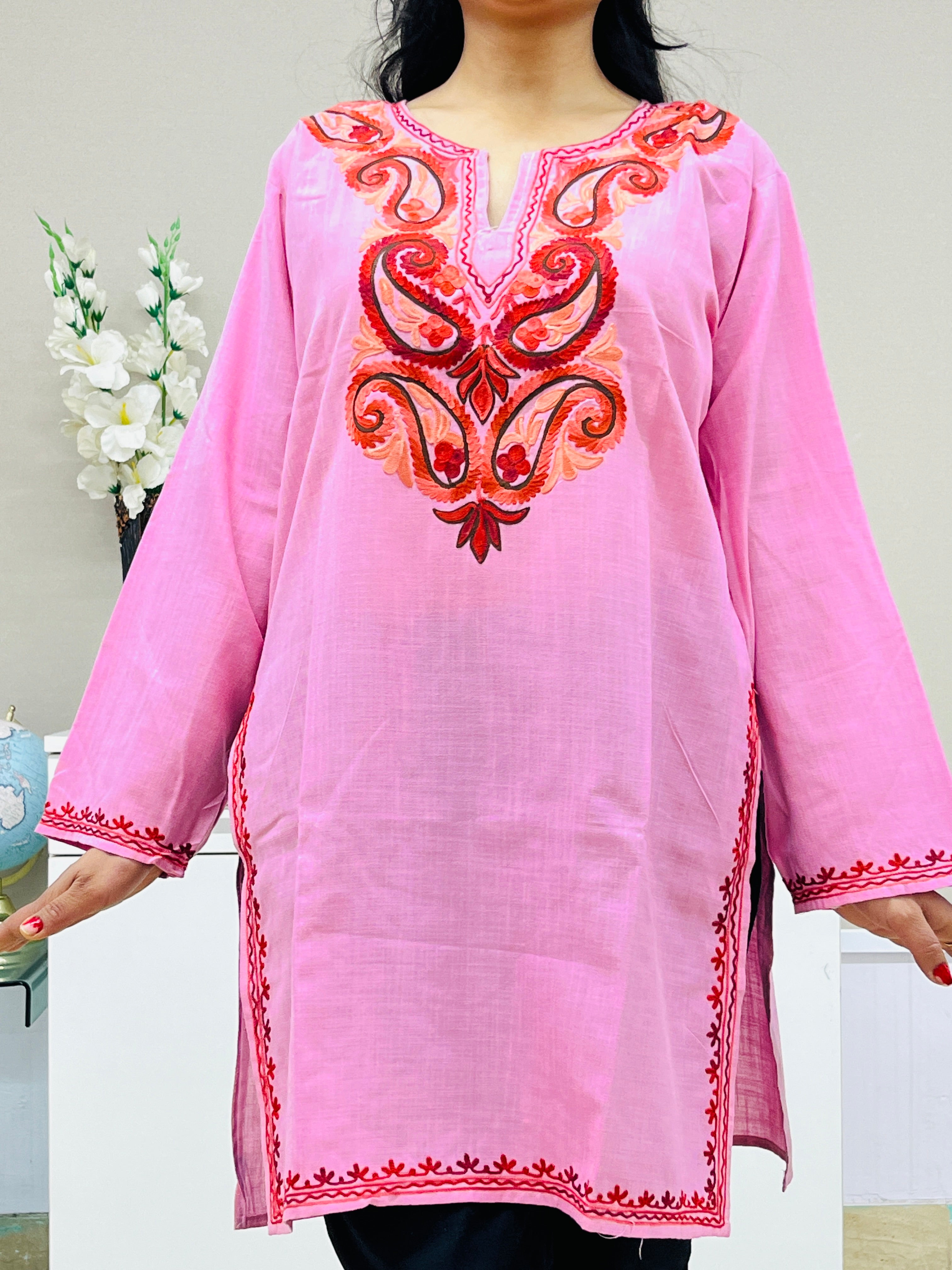LIght Pink Embroidered Cotton Straight Kurti