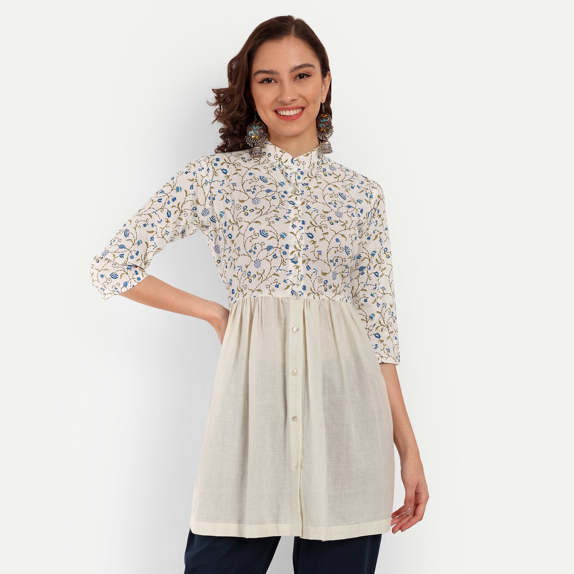 Naariy Off White Printed A-Line Cotton Tunic