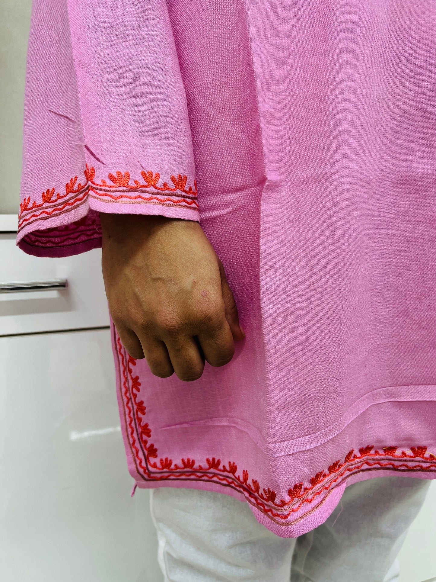 Naariy Pink with Multi-color Embroidered Thread Work Cotton Straight Kurti For Women