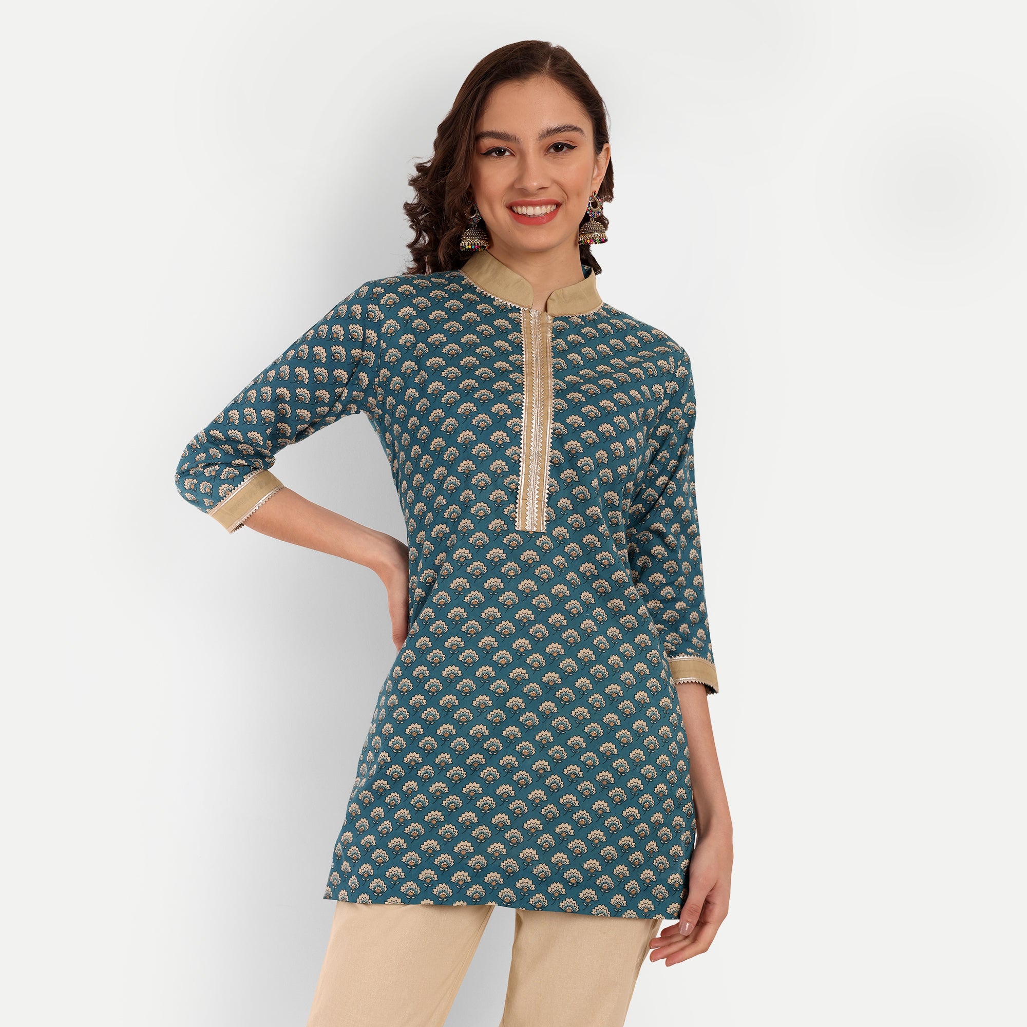 Naariy Teal Blue Floral Printed Straight Cotton Tunic