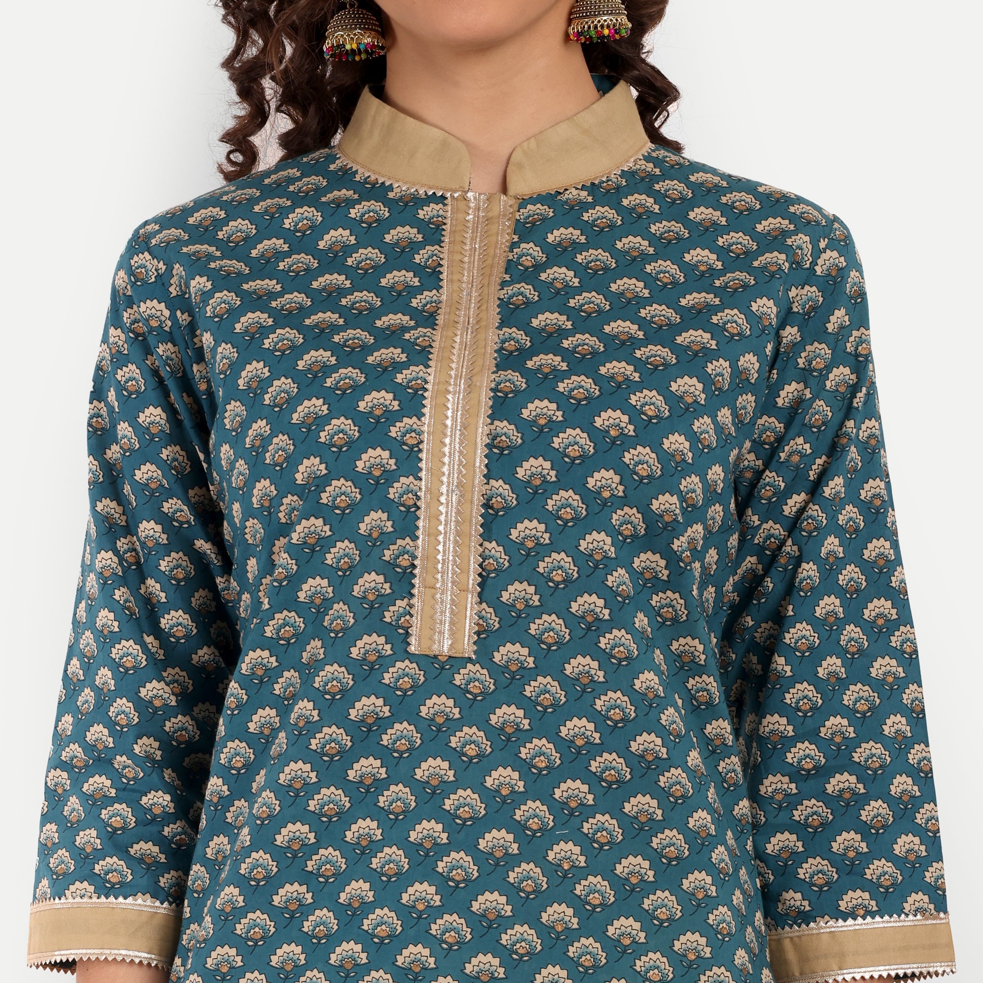Naariy Teal Blue Floral Printed Straight Cotton Tunic For Women