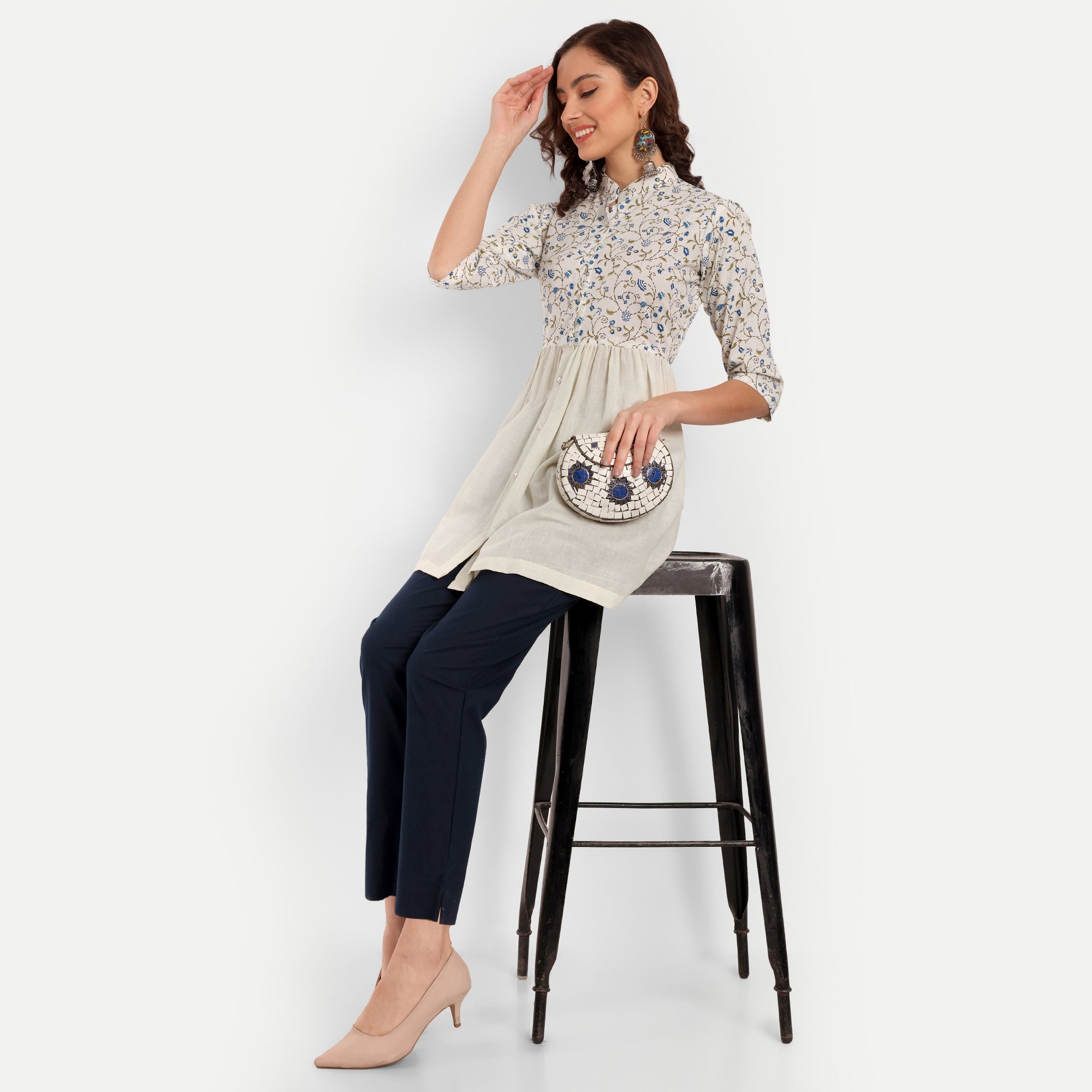 Off White Printed A-Line Cotton Tunic  Stylish Look For Women