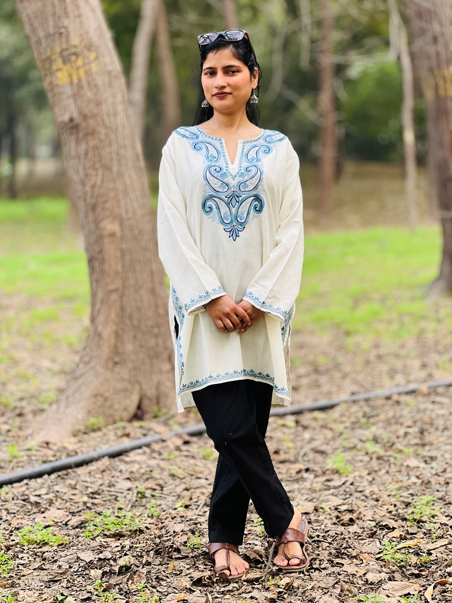 Off White With Blue Cotton Straight Kurti