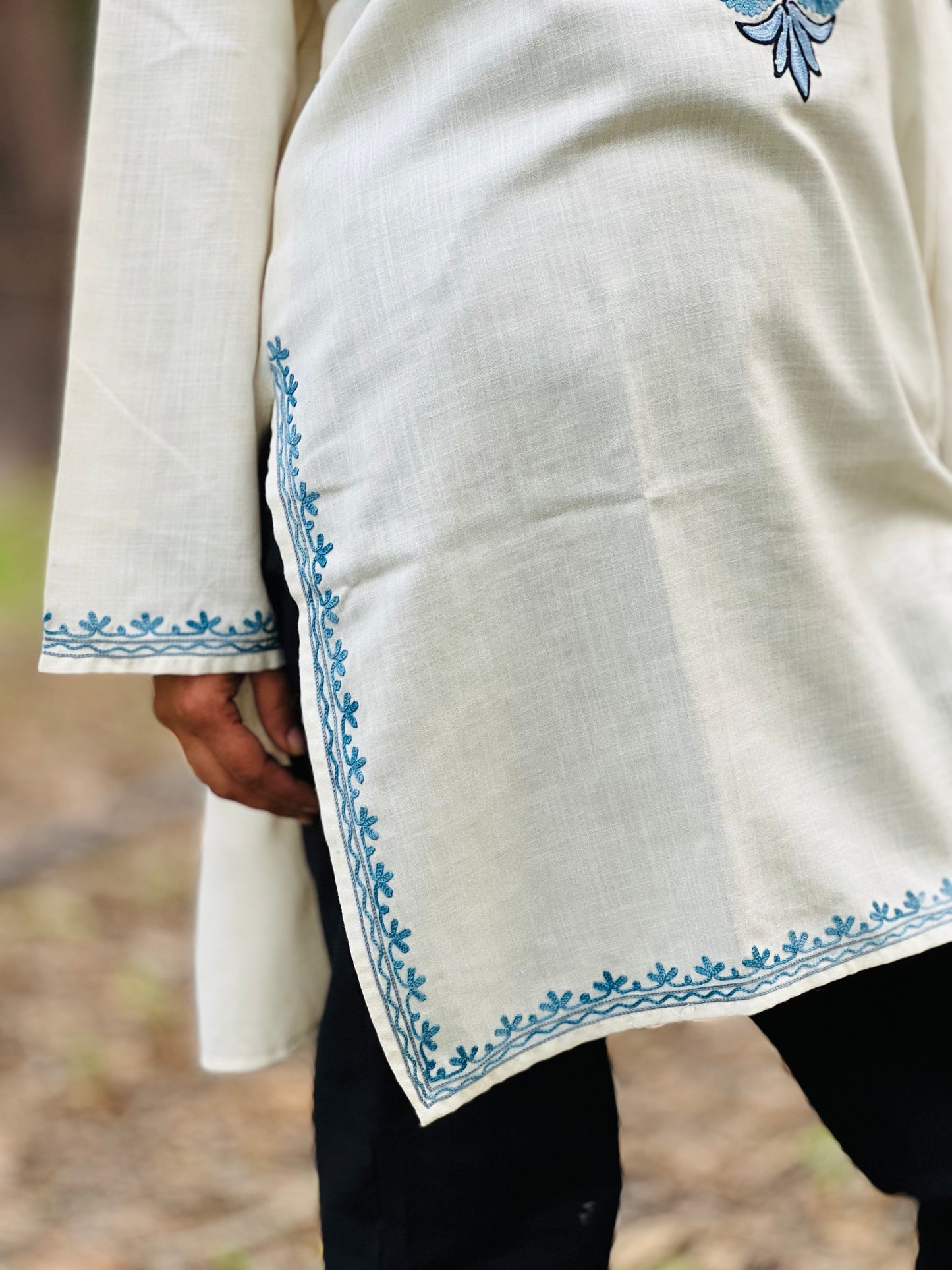 Off White With Blue Embroidered Cotton Straight Kurti