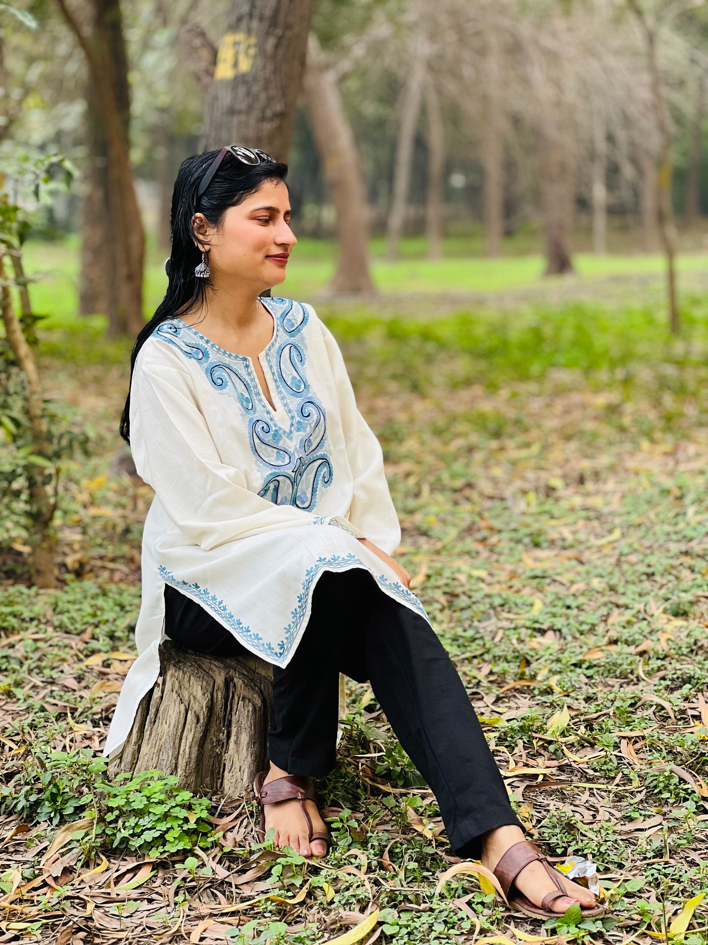 Off White With Blue Embroidered Cotton Straight Kurti For Women