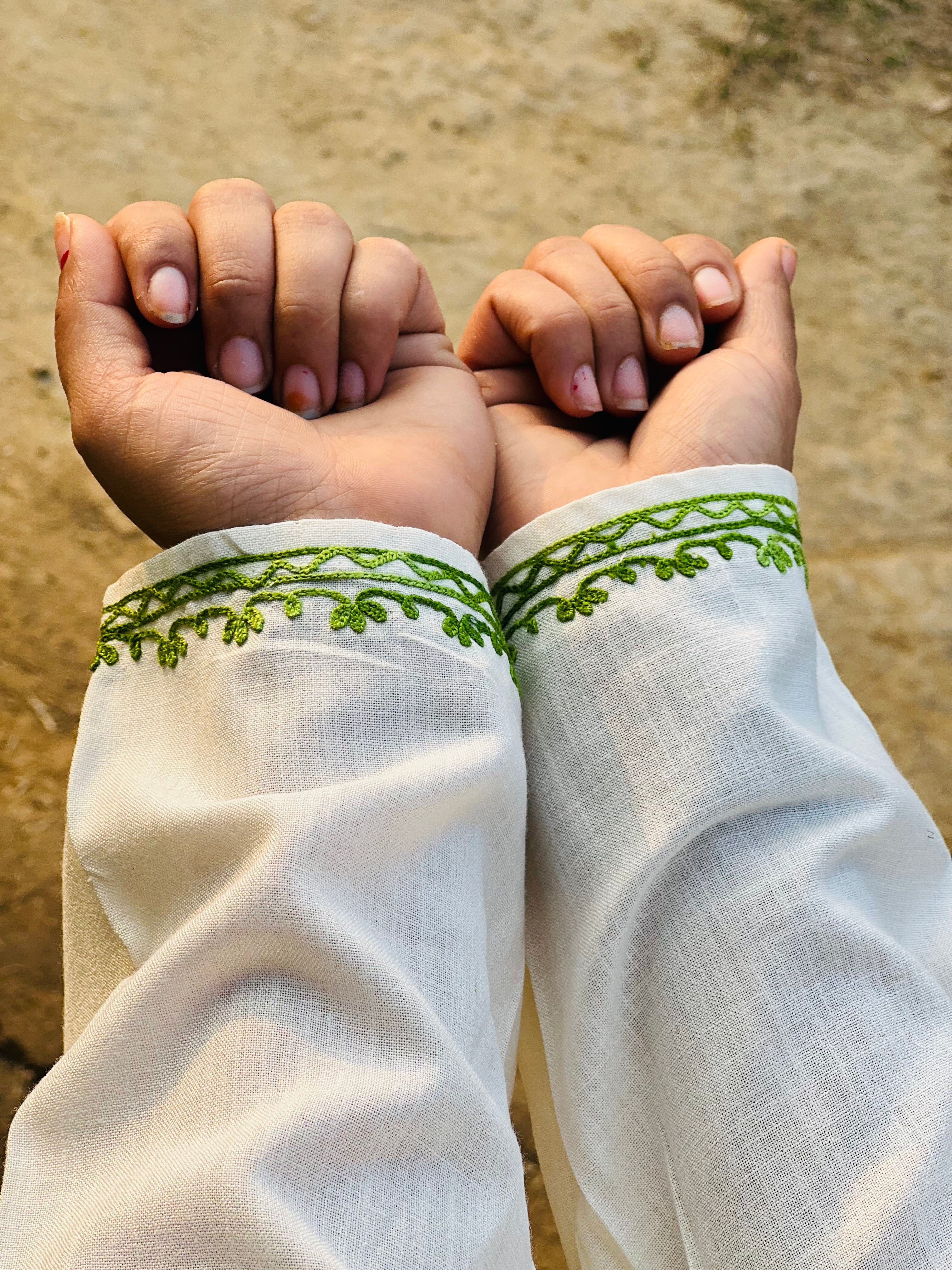 Off White with Green Cotton Straight Kurti