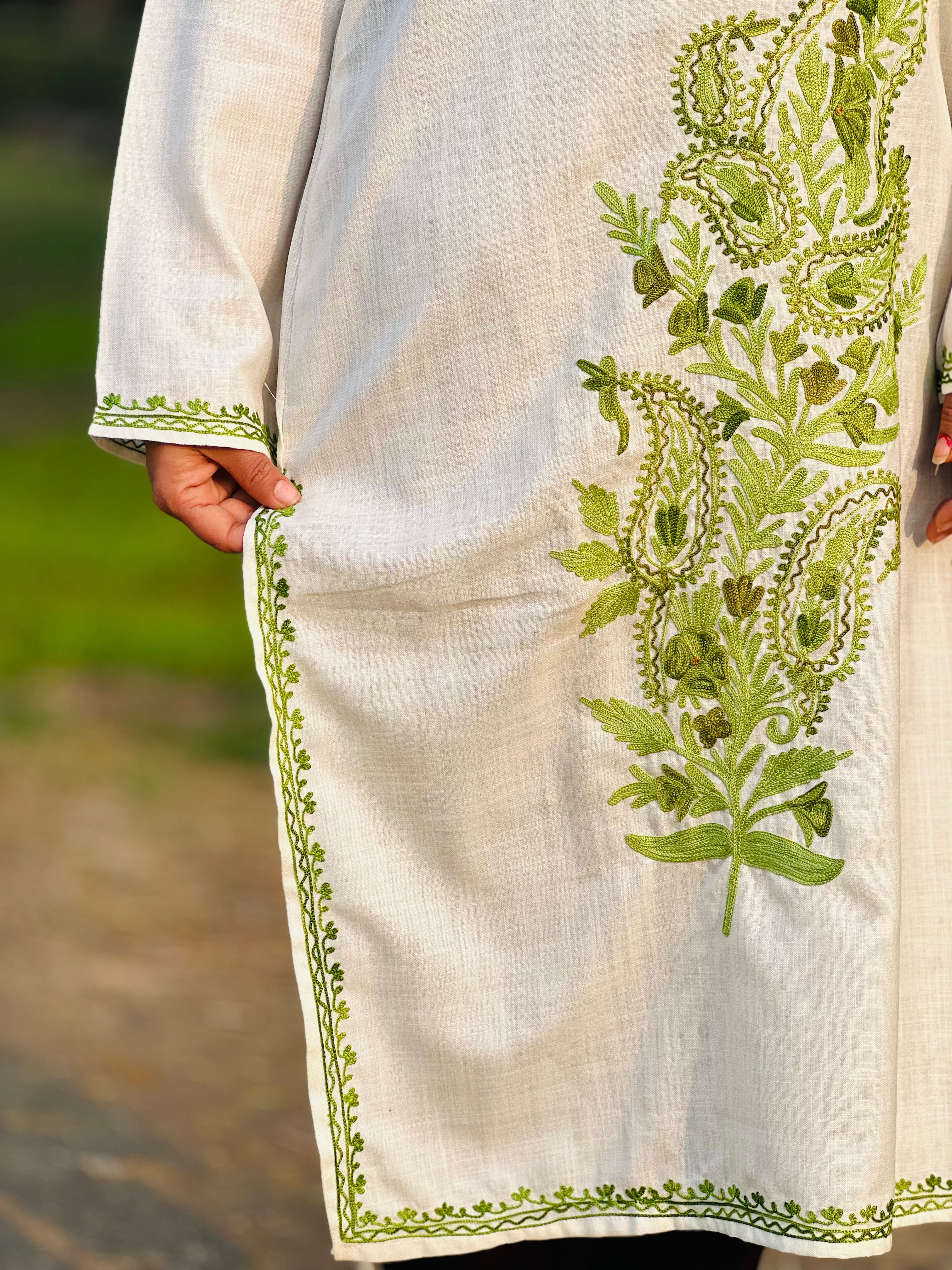 Off White with Green Cotton Straight Kurti For Women