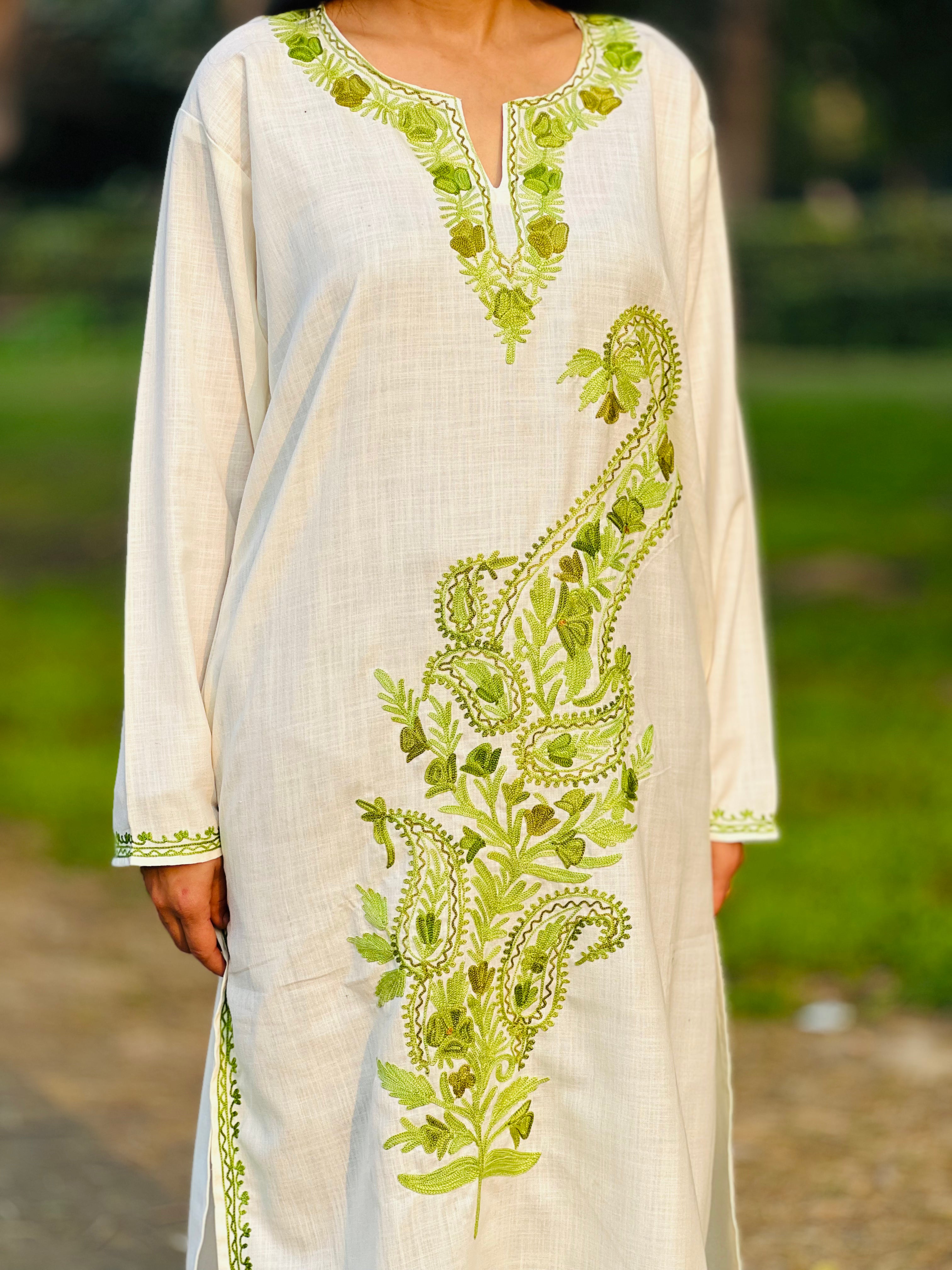 Off White with Green Embroidered  Cotton Straight Kurti