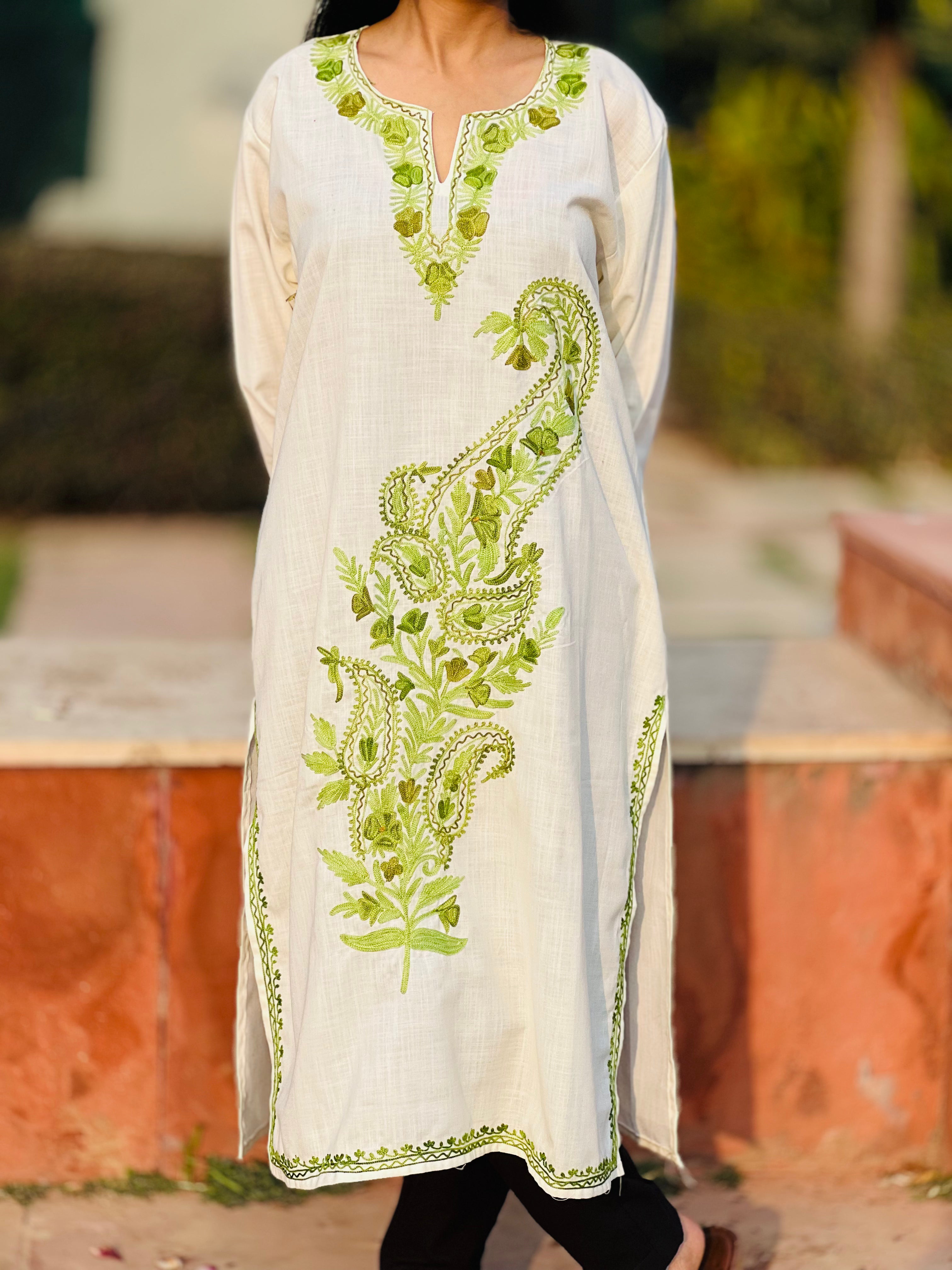 Off White with Green Thread Work Cotton Straight Kurti