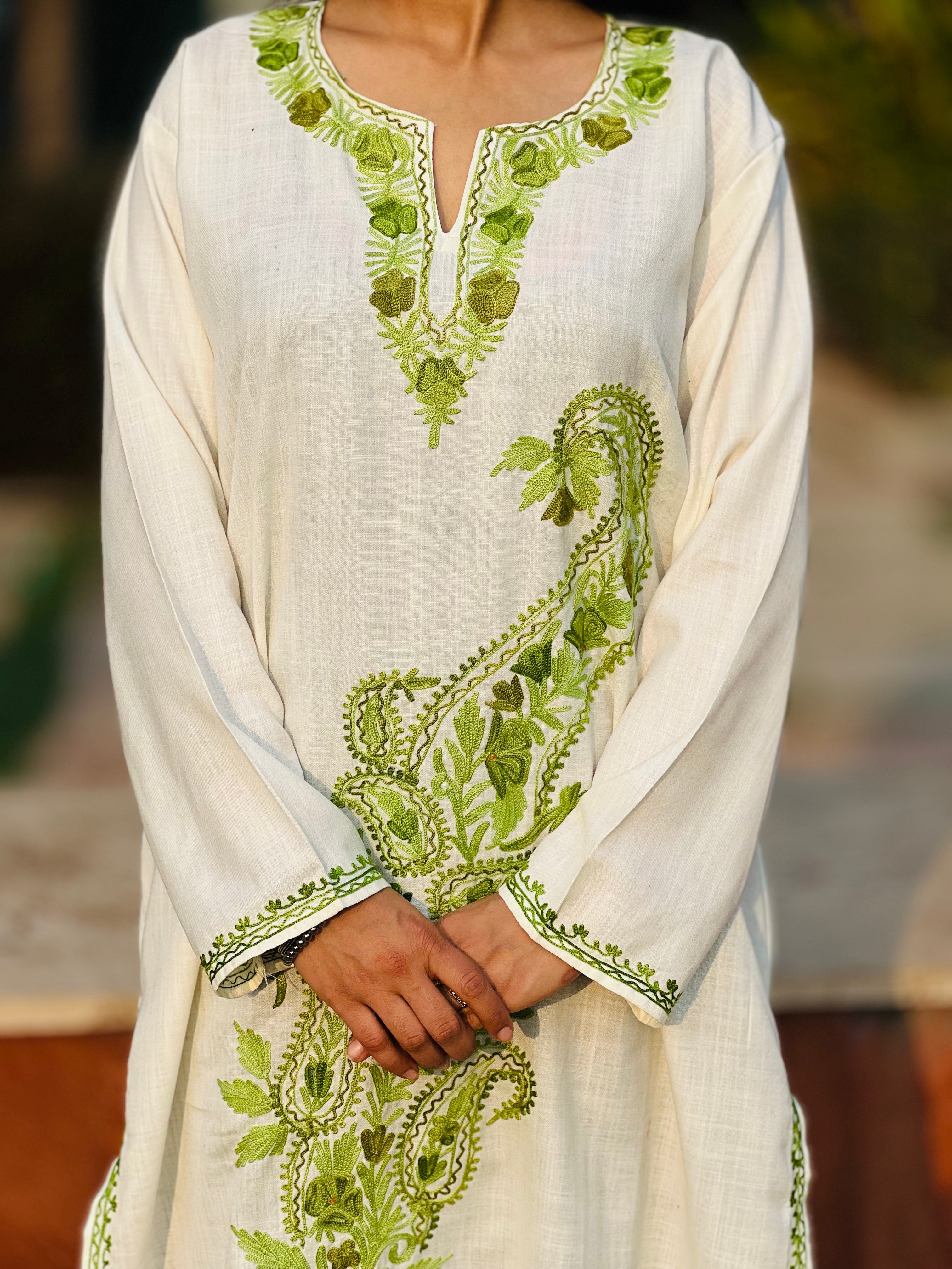 Off White with Green Thread Work Cotton Straight Kurti For Women