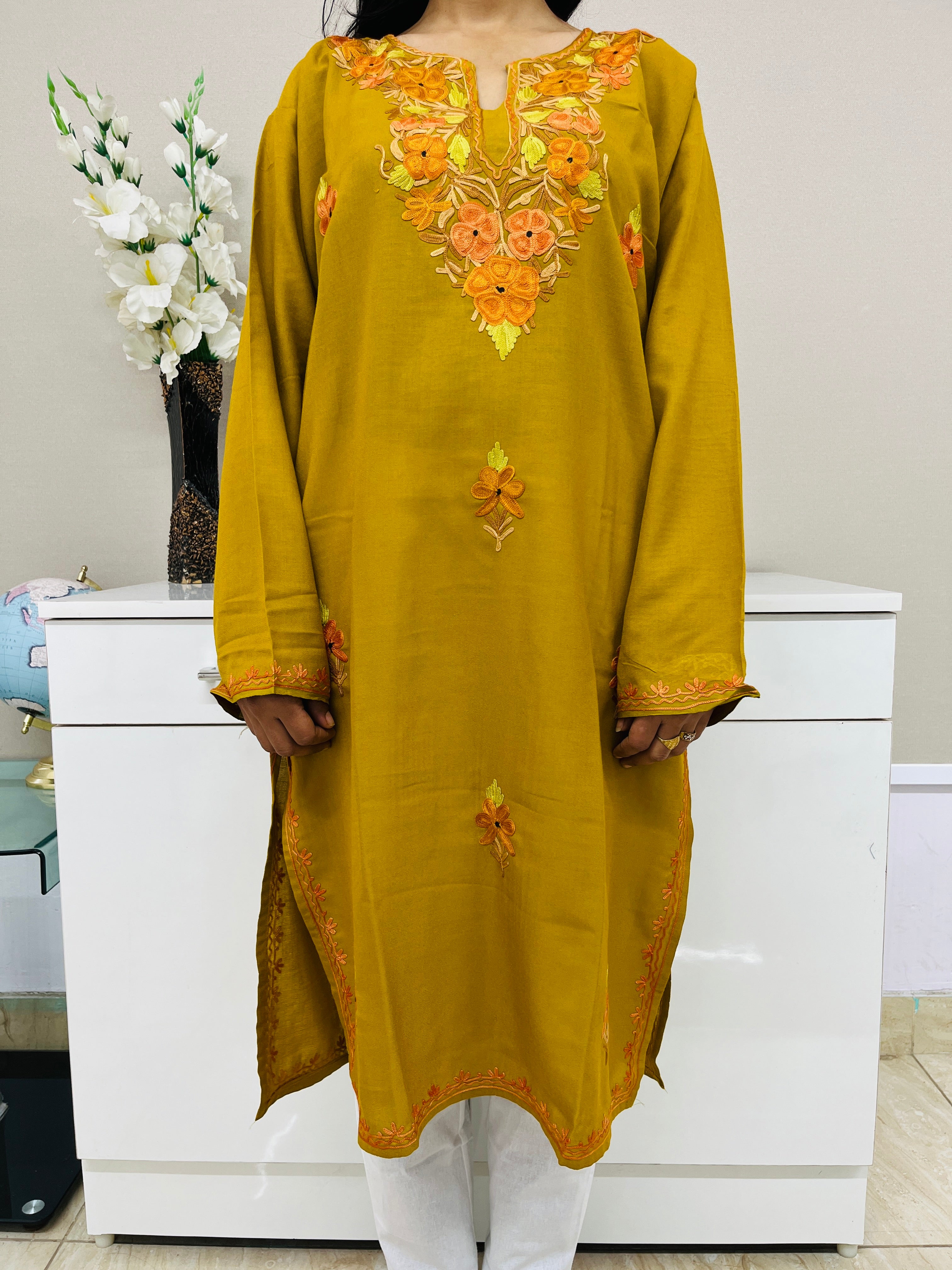Olive Green Embroidered Cotton Straight Kurti