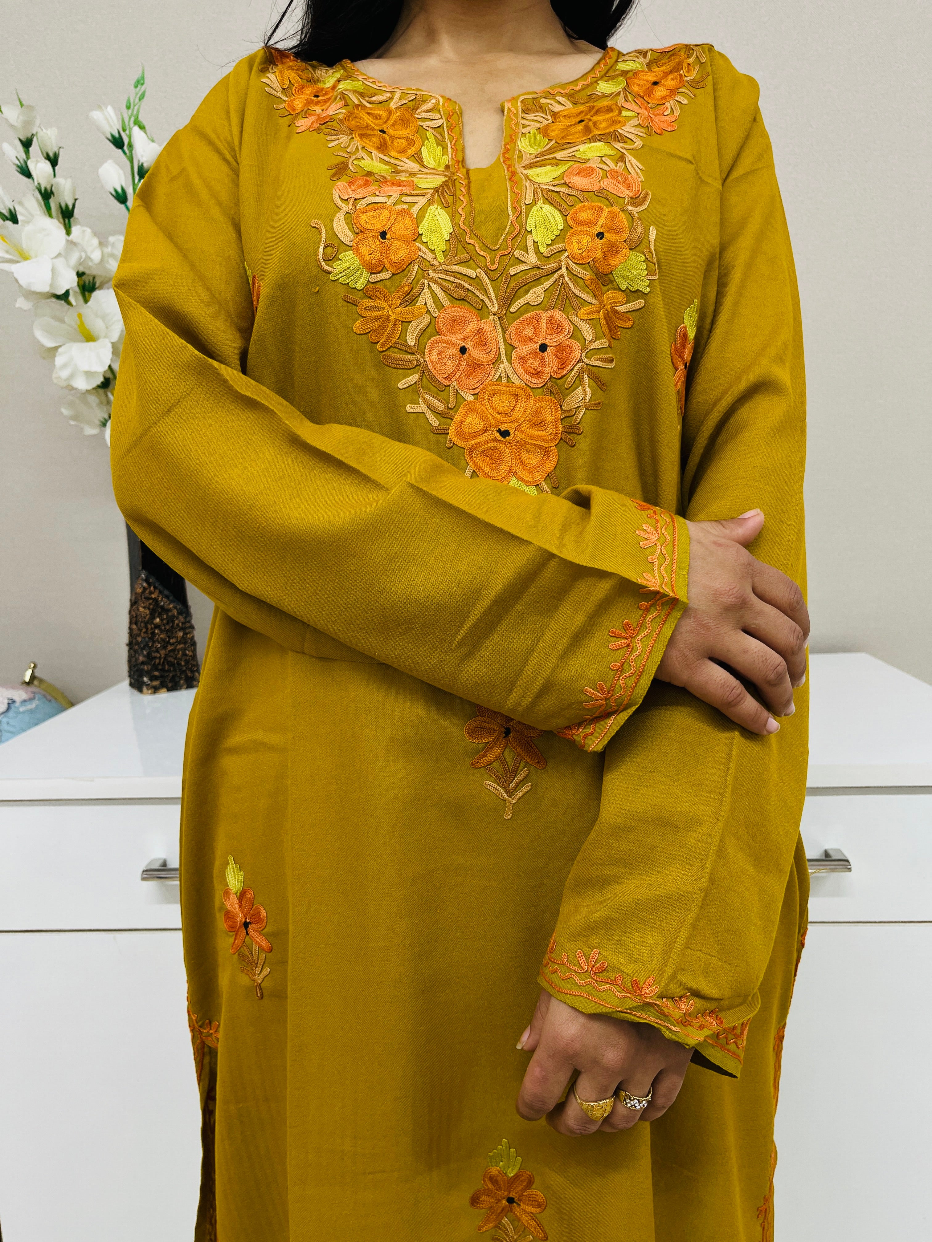 Olive Green Thread Work Cotton Straight Kurti For Women