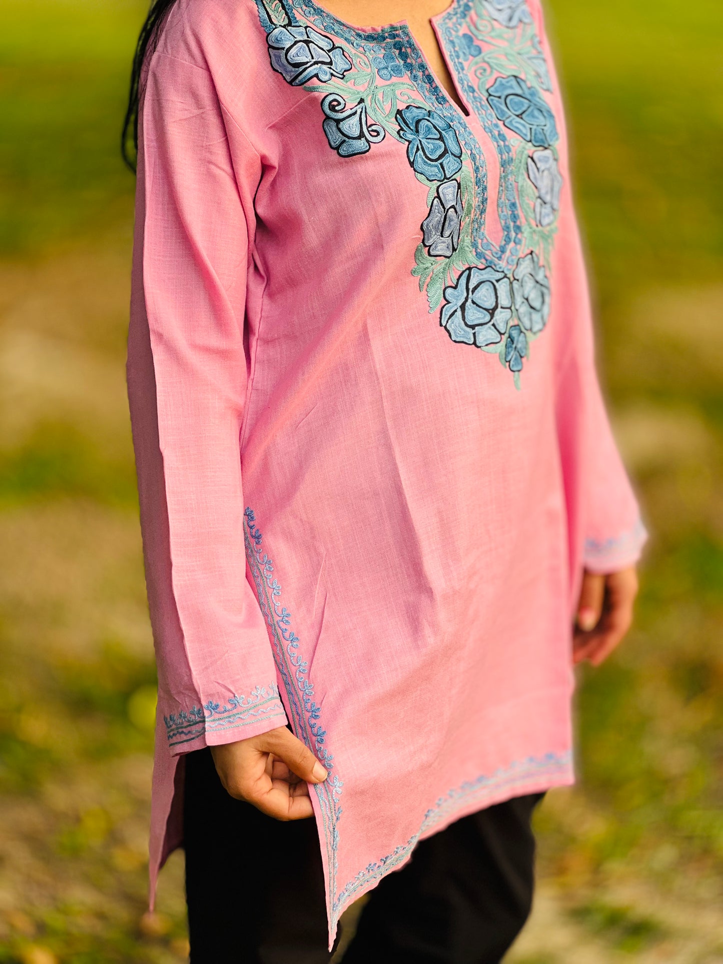 Pink Embroidered Cotton Straight Kurti For Women