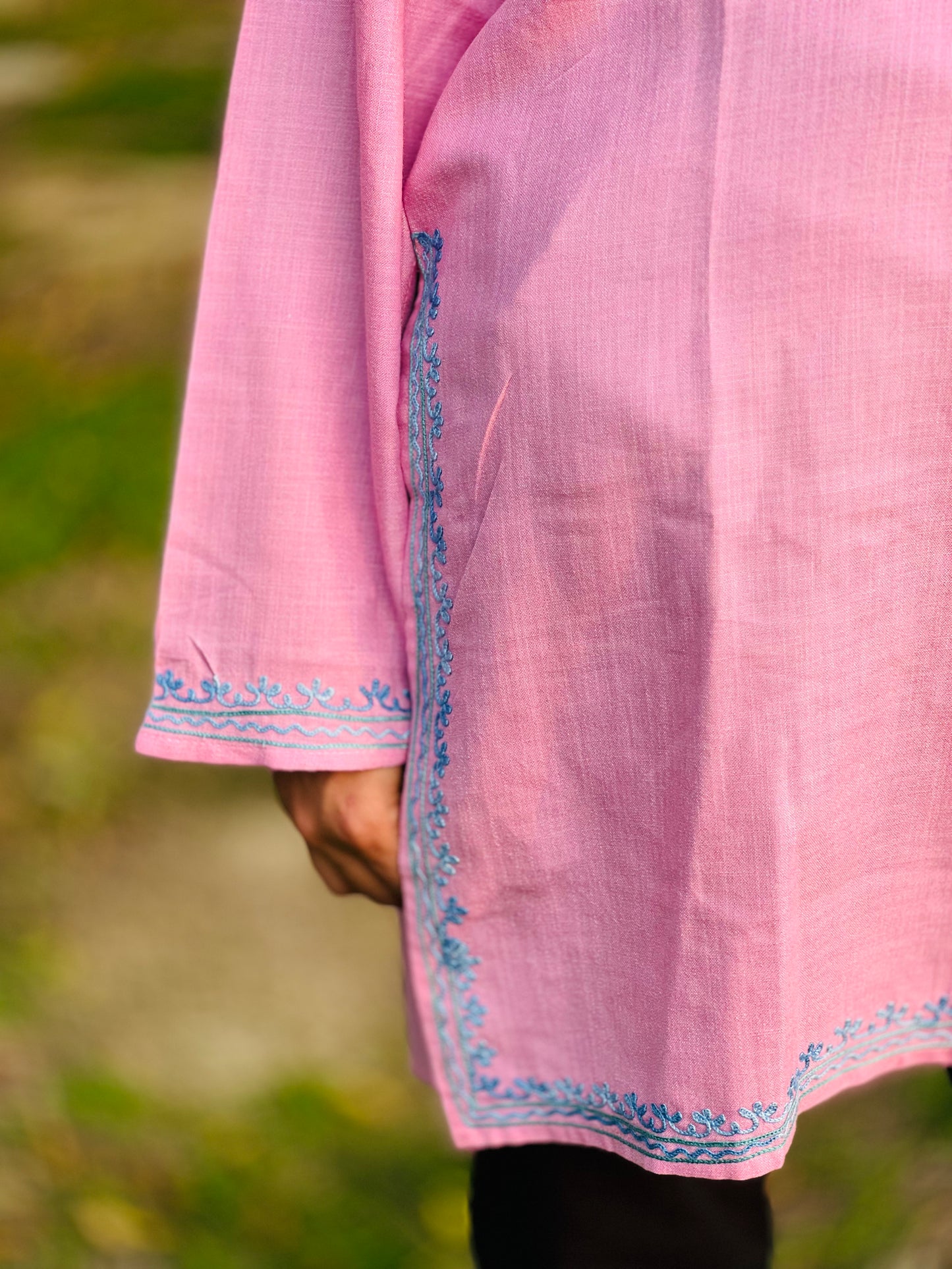 Pink Thread Work Pink Cotton Straight Kurti