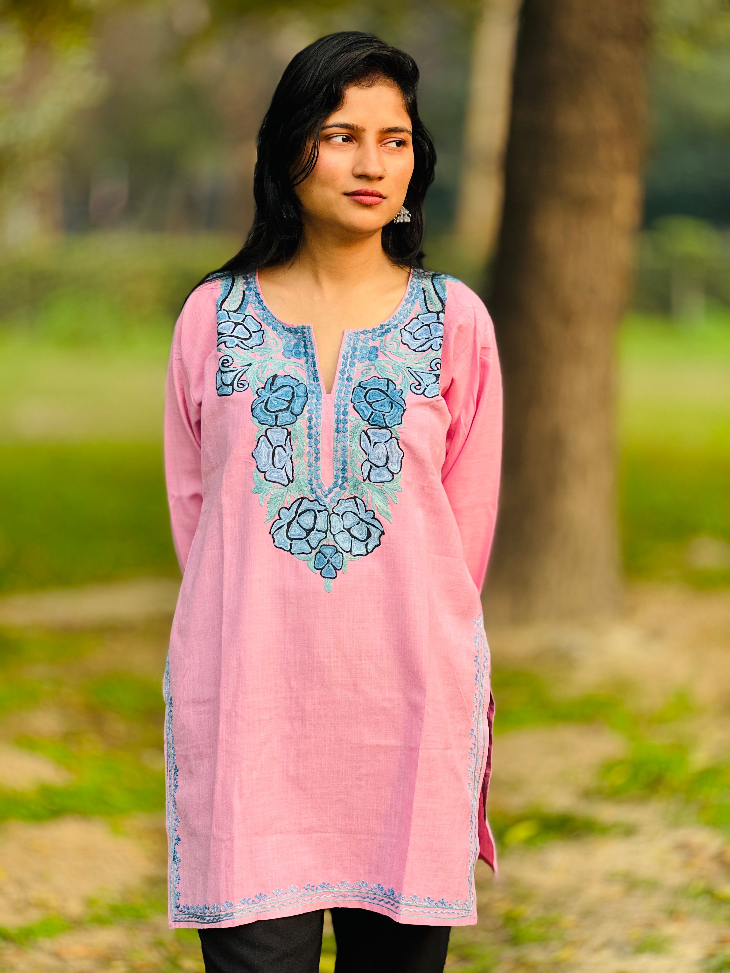 Pink Thread Work Pink Cotton Straight Kurti For Women