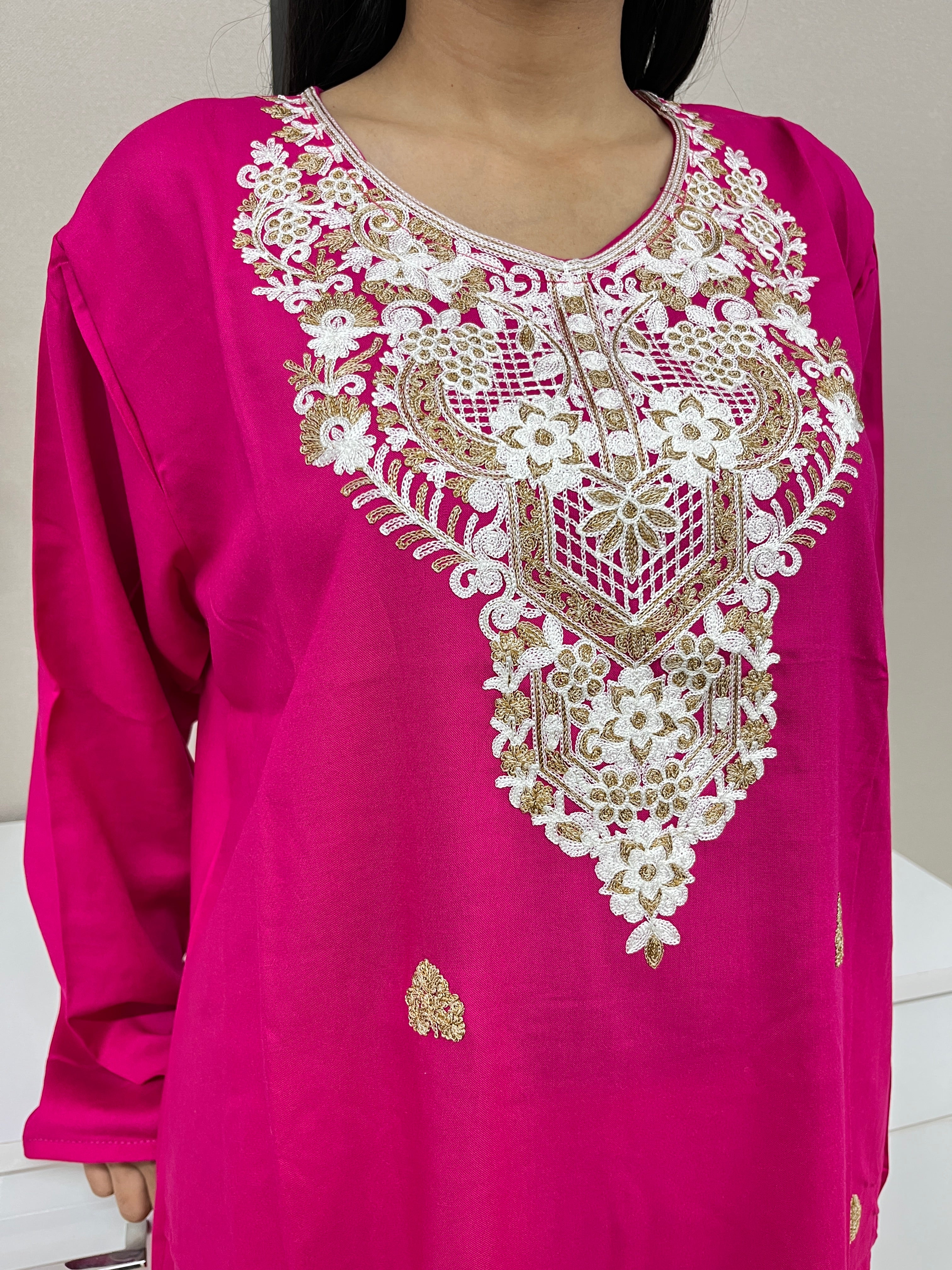 Pink With White Embroidered  Cotton Straight Kurti For Women