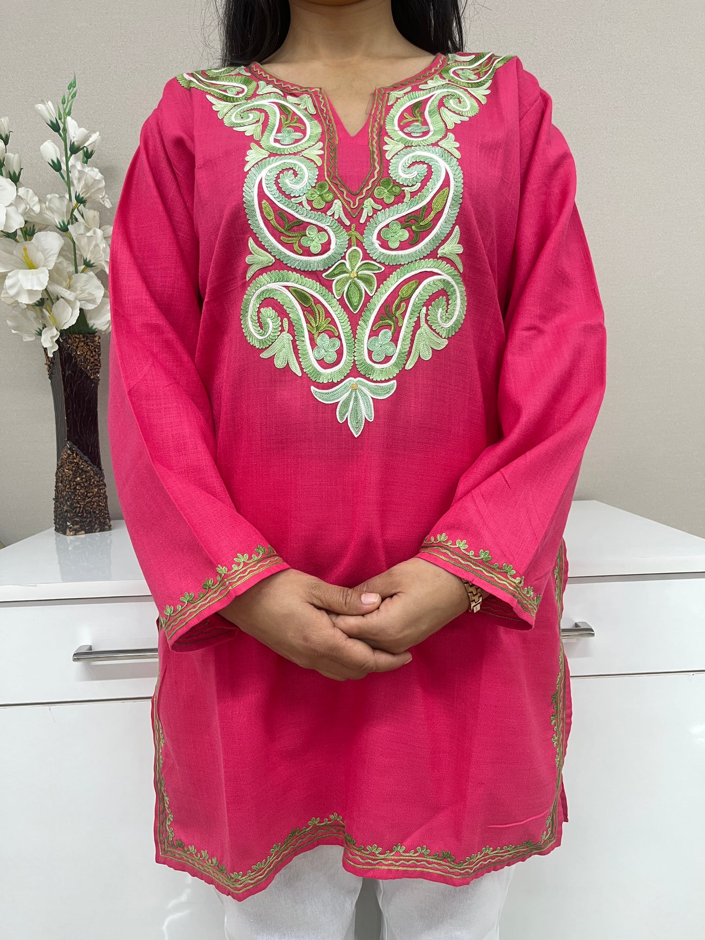Pink with Green Cotton Straight Kurti