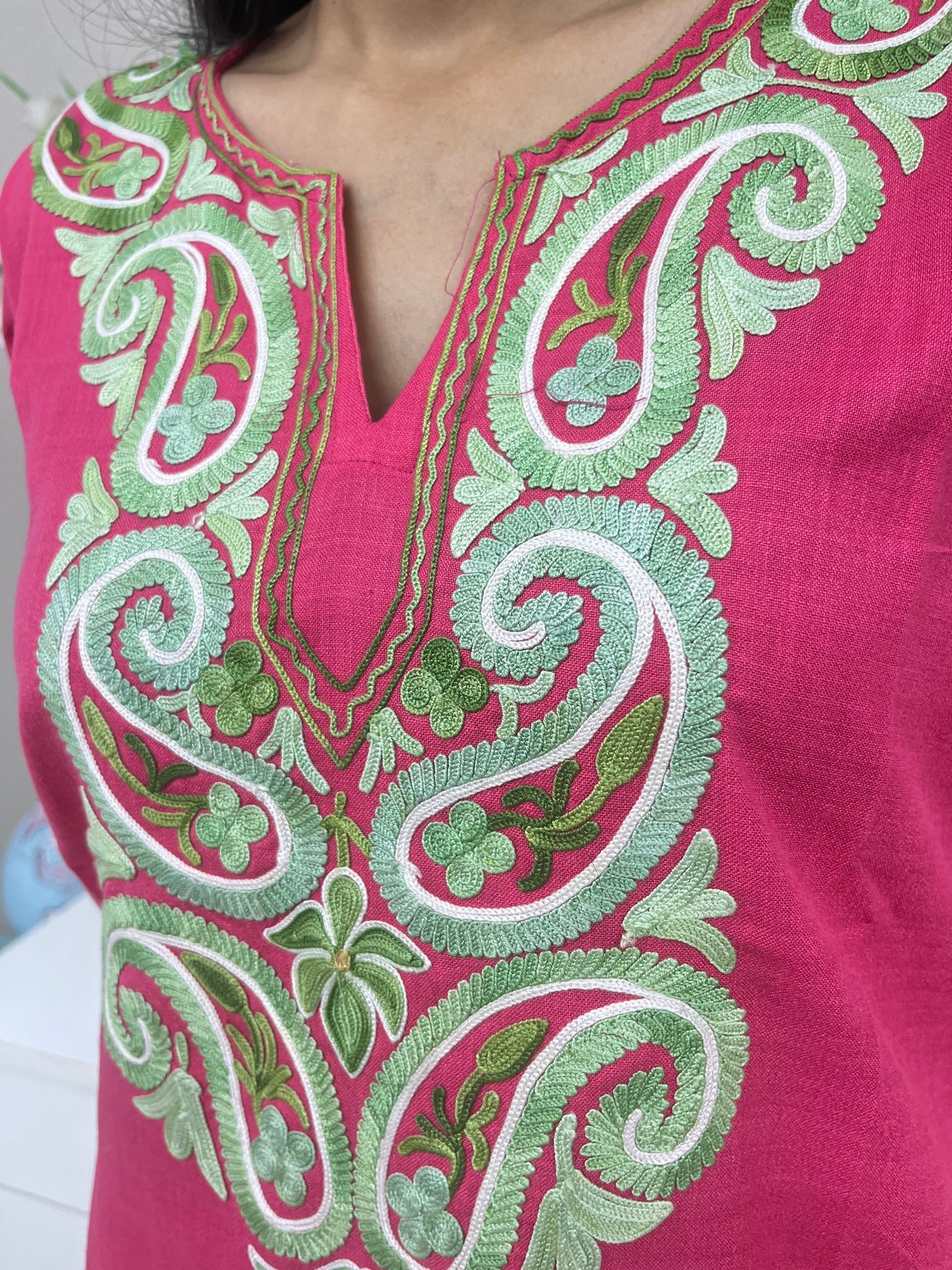 Pink with Green Cotton Straight Kurti For Women