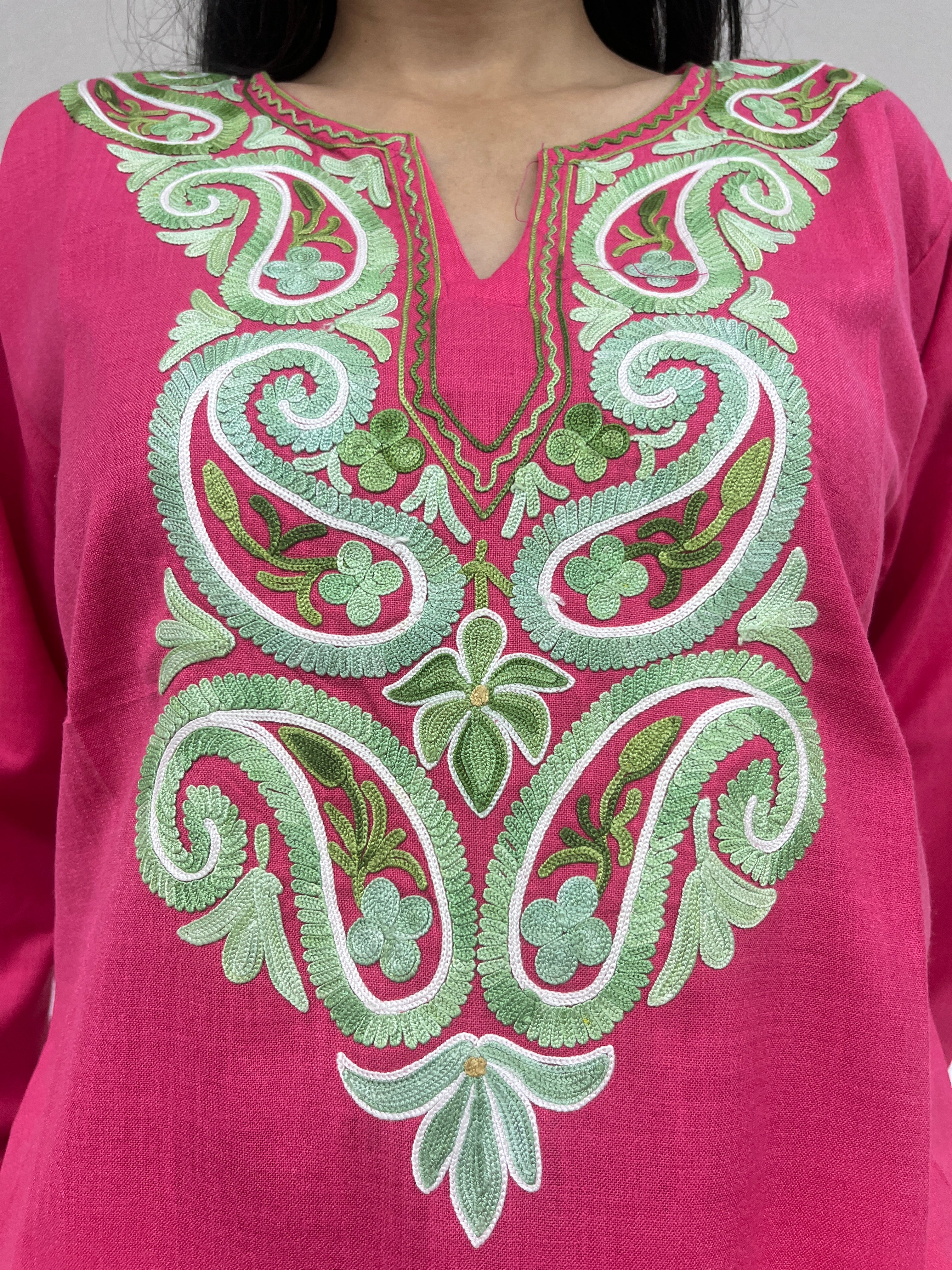 Pink with Green Thread Work Cotton Straight Kurti For Women