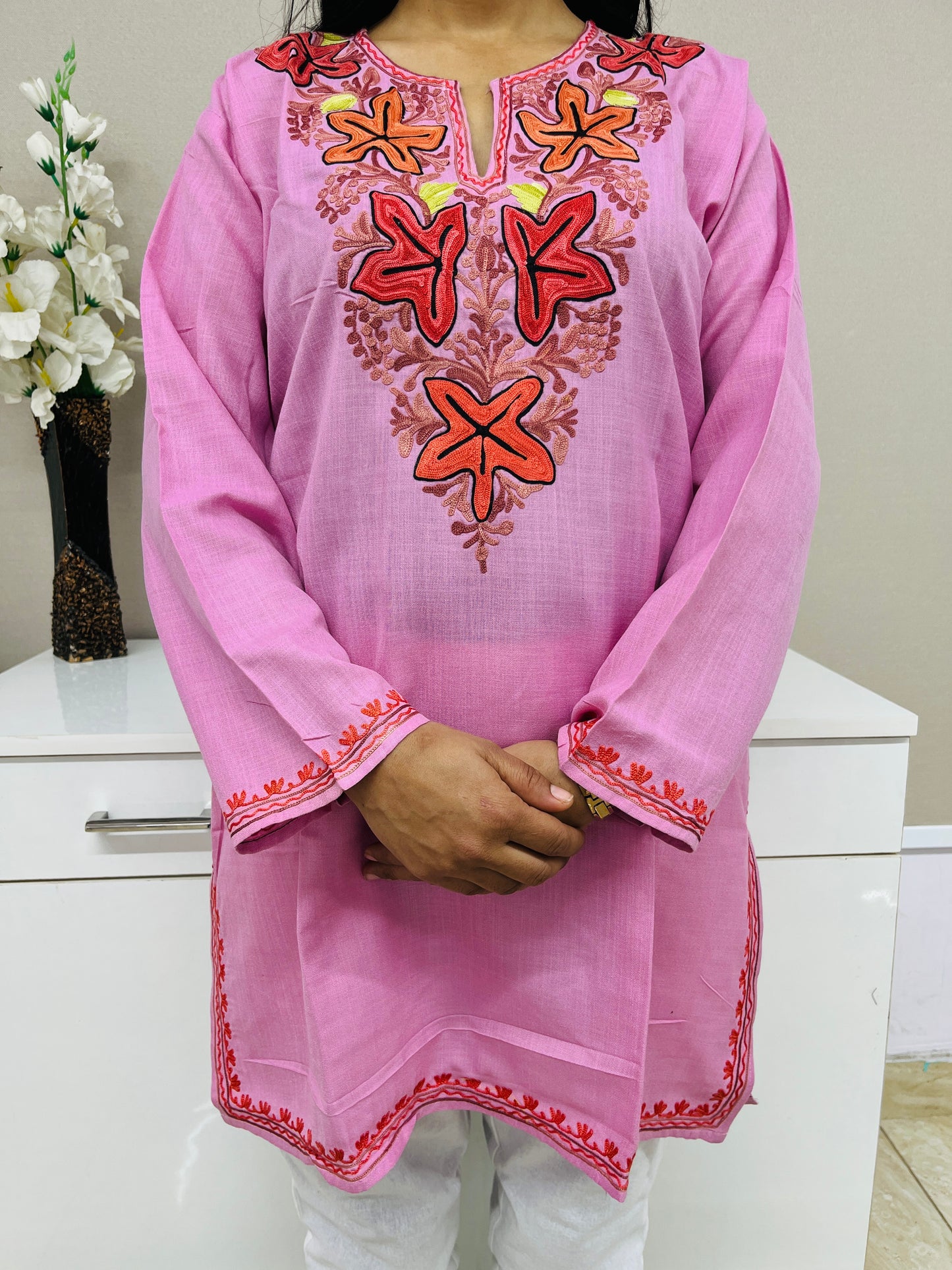 Pink with Multi-color Embroidered Cotton Straight Kurti For Women