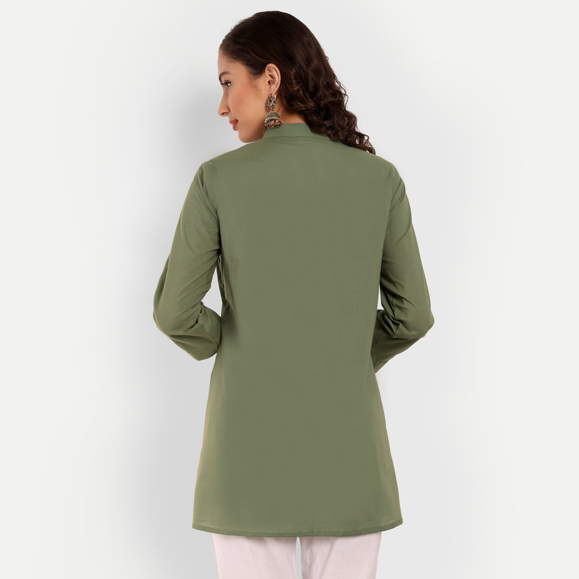 Pista Green Solid Straight Cotton Tunic For Women