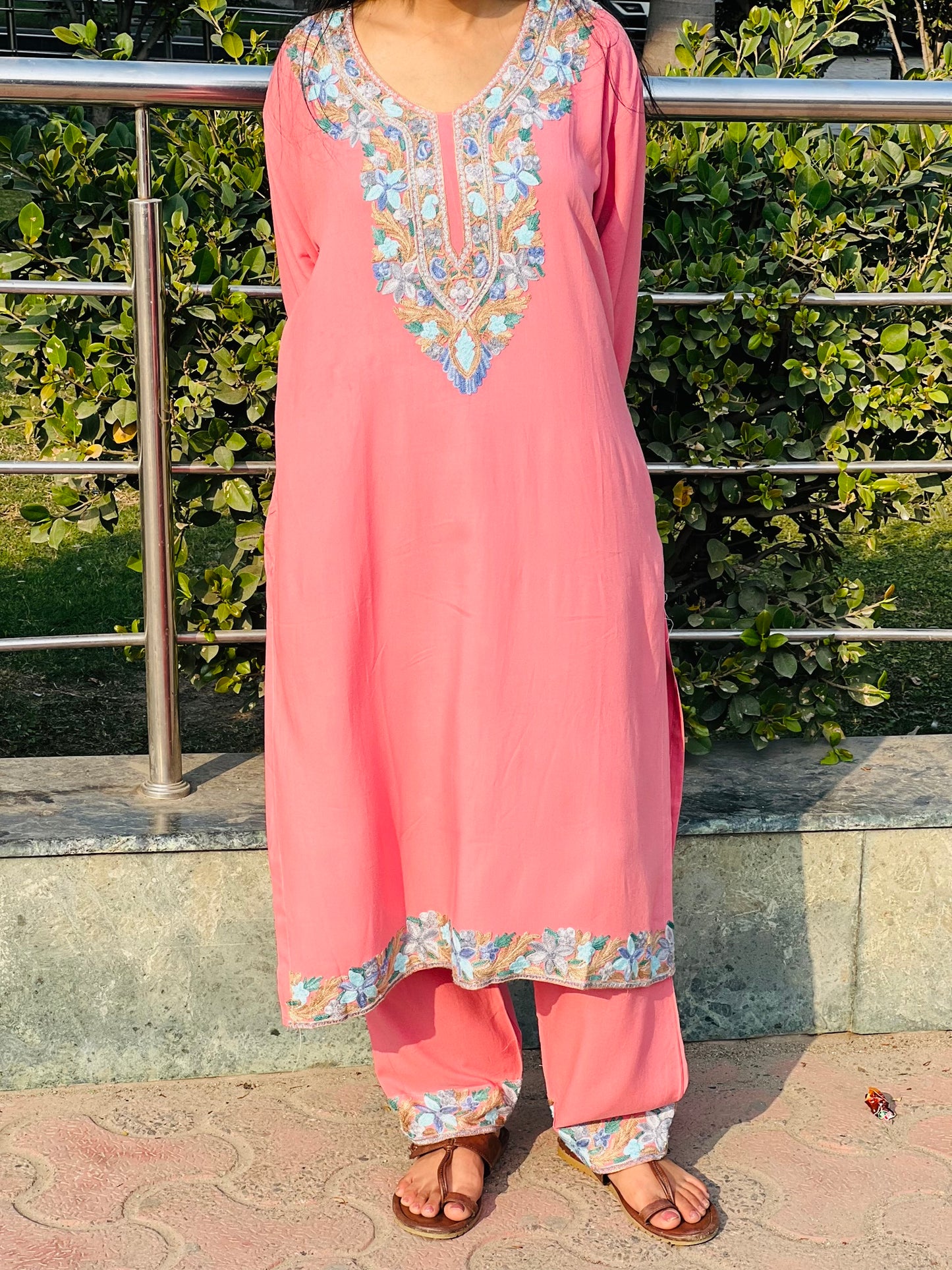 Embroidered Rose Taupe Rayon Co-ord Set For Women