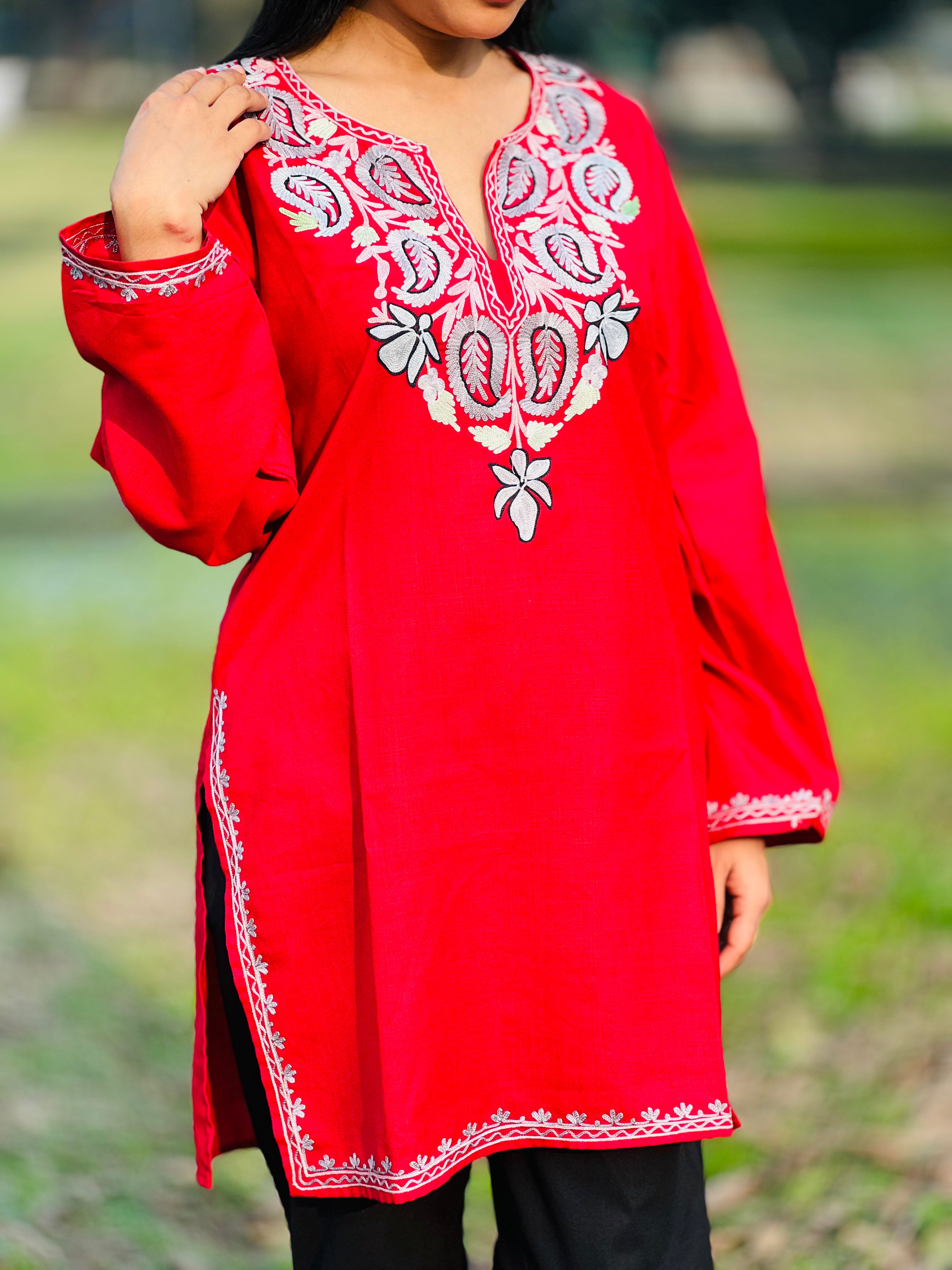Red Embroidered Thread Work Cotton Straight Kurti For Women