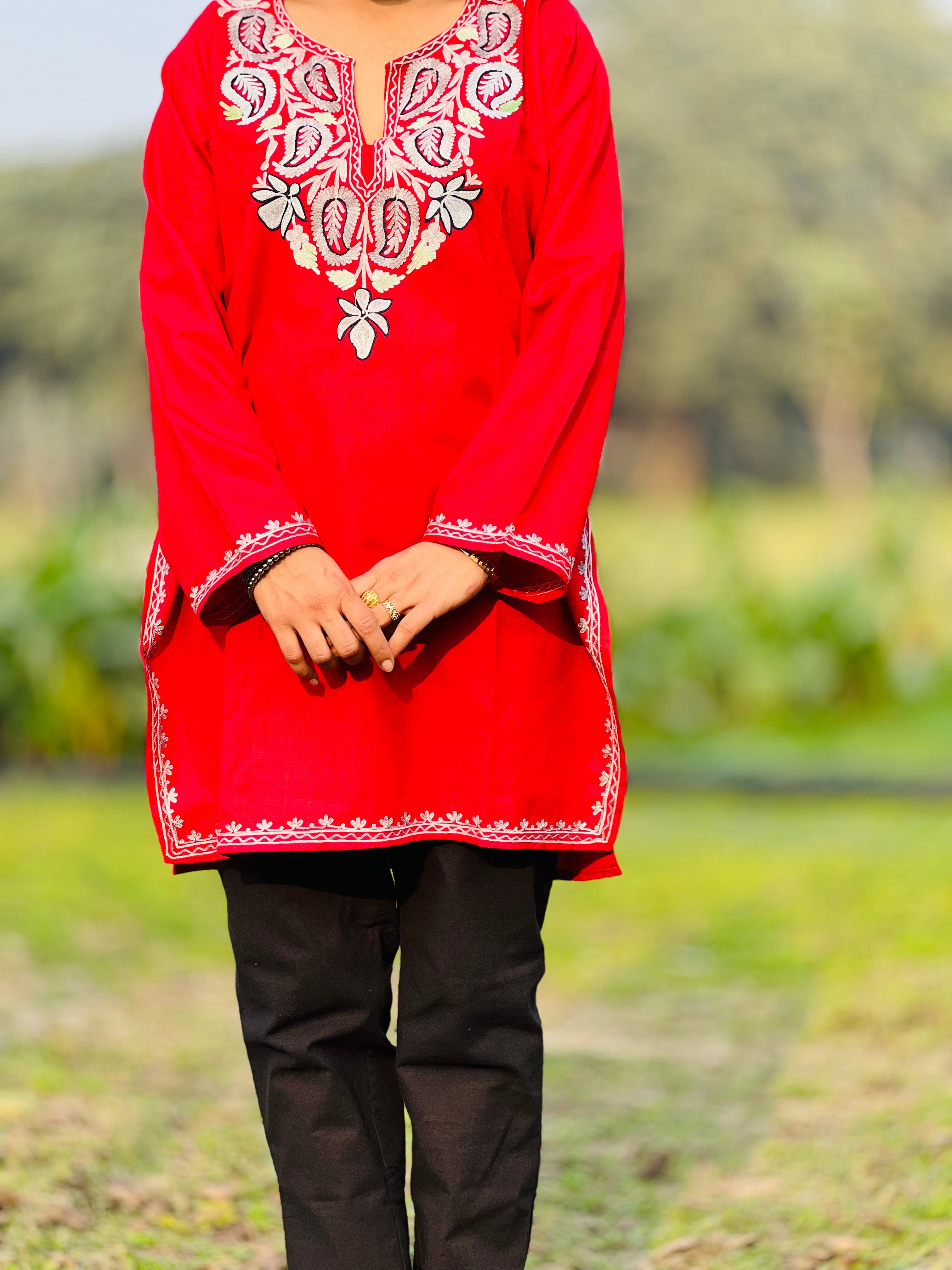 Red Thread Work Cotton Straight Kurti