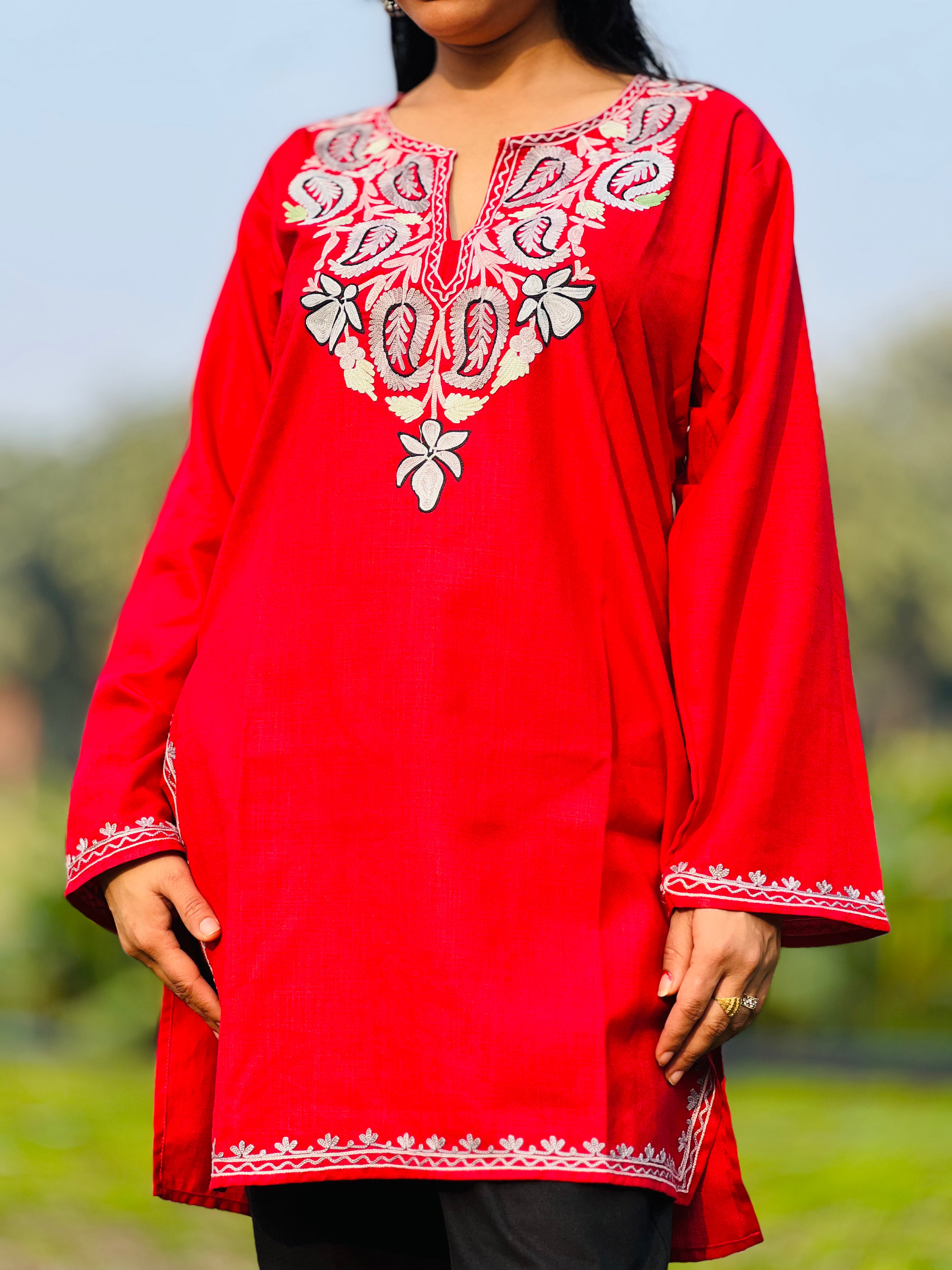 Red Thread Work Cotton Straight Kurti For Women