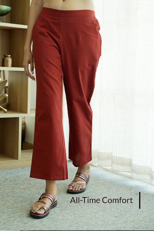 Red Women Wide Leg Cotton Pant