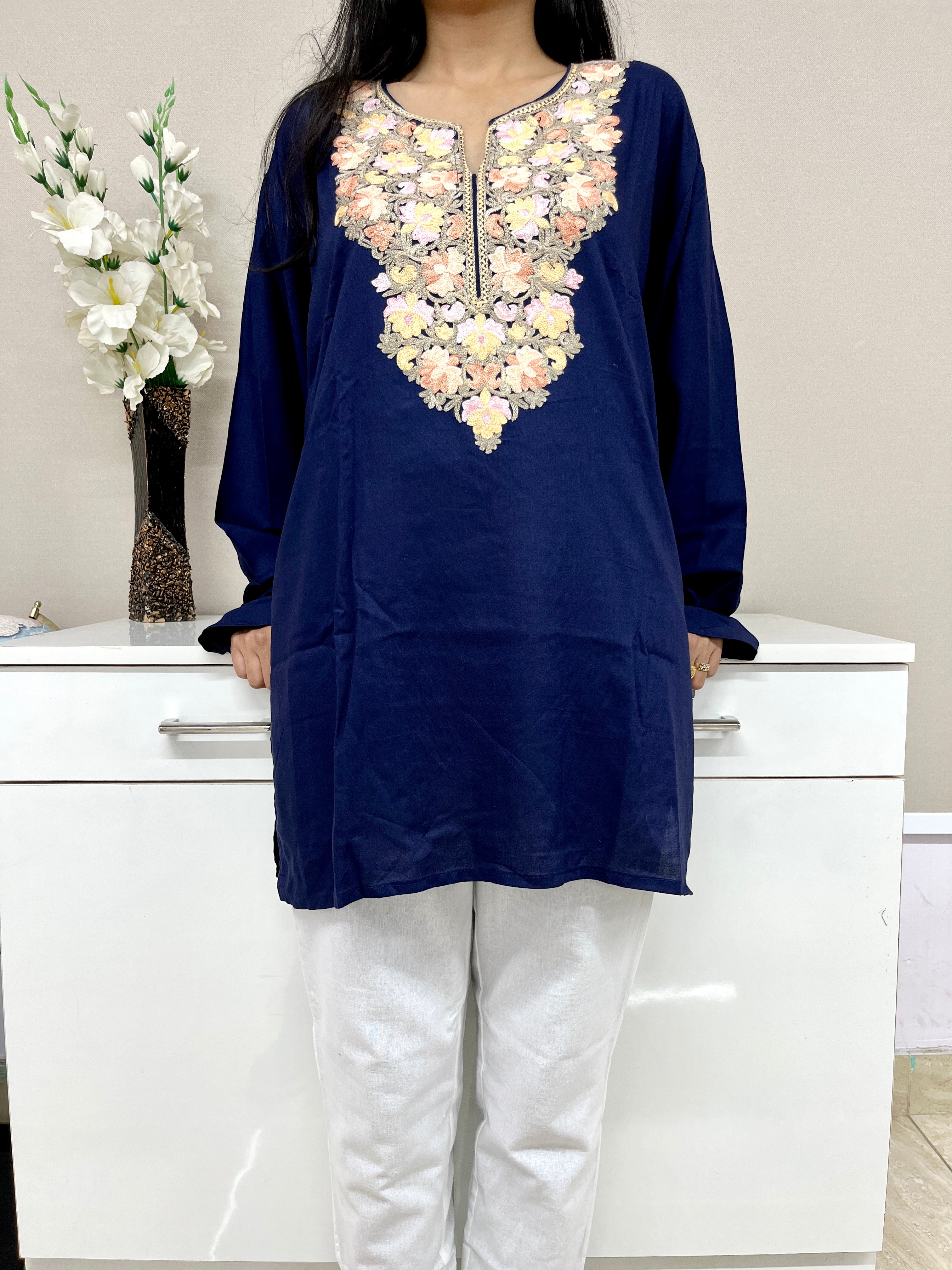 Sapphire Blue Embroidered Thread Work Rayon Straight Kurti For Women