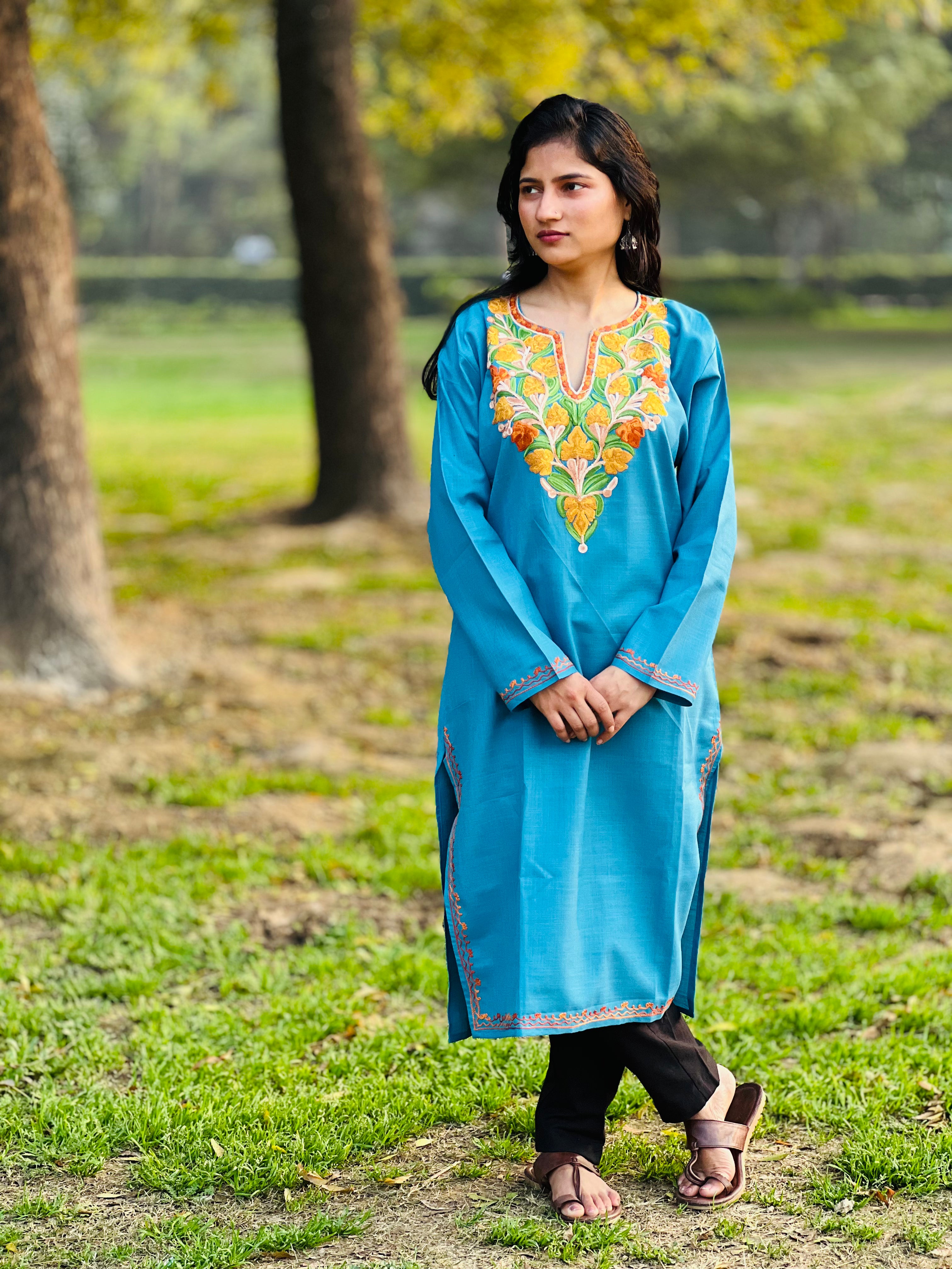 Sky Blue With Yellow Cotton Straight Kurti For