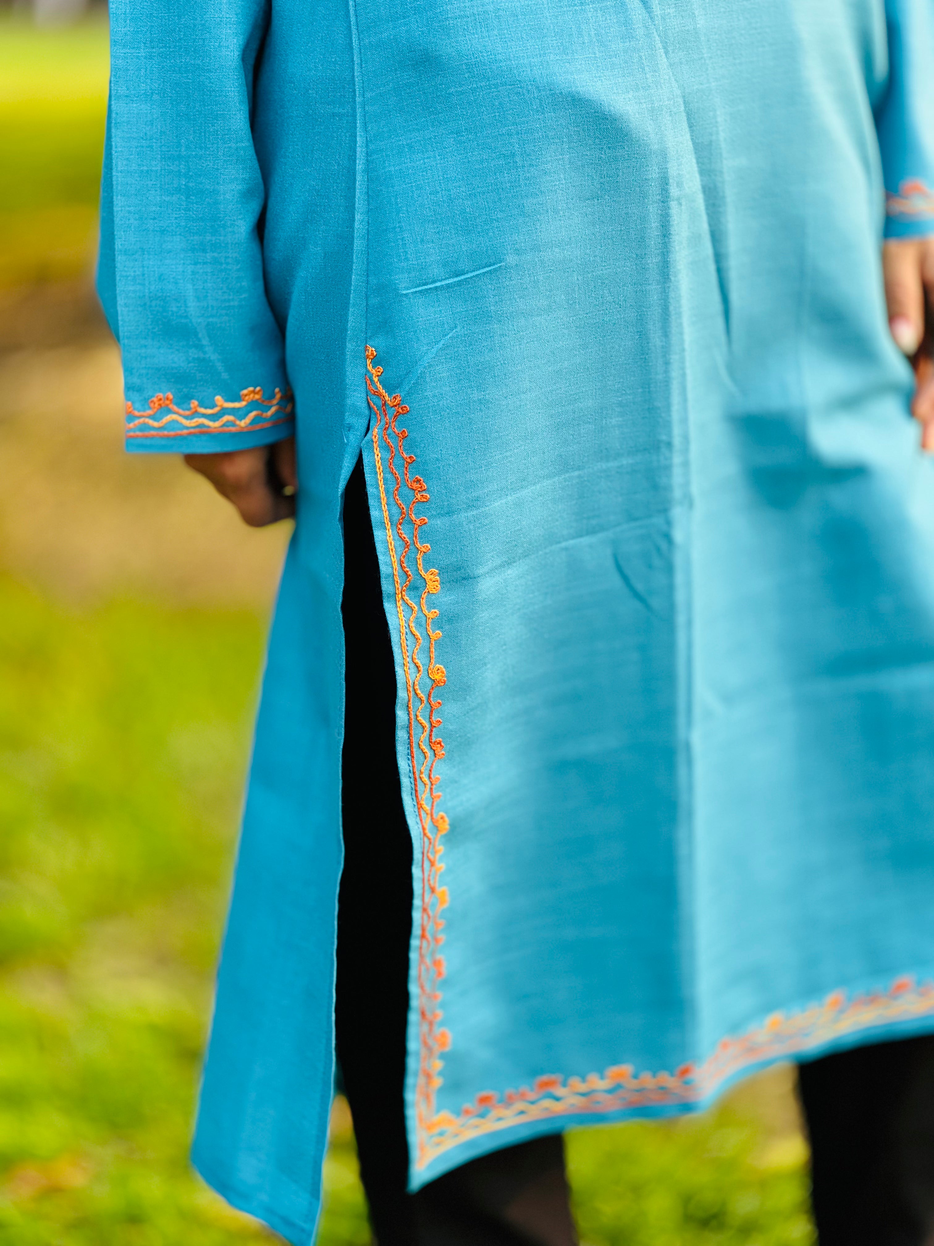 Sky Blue With Yellow Cotton Straight Kurti For Women