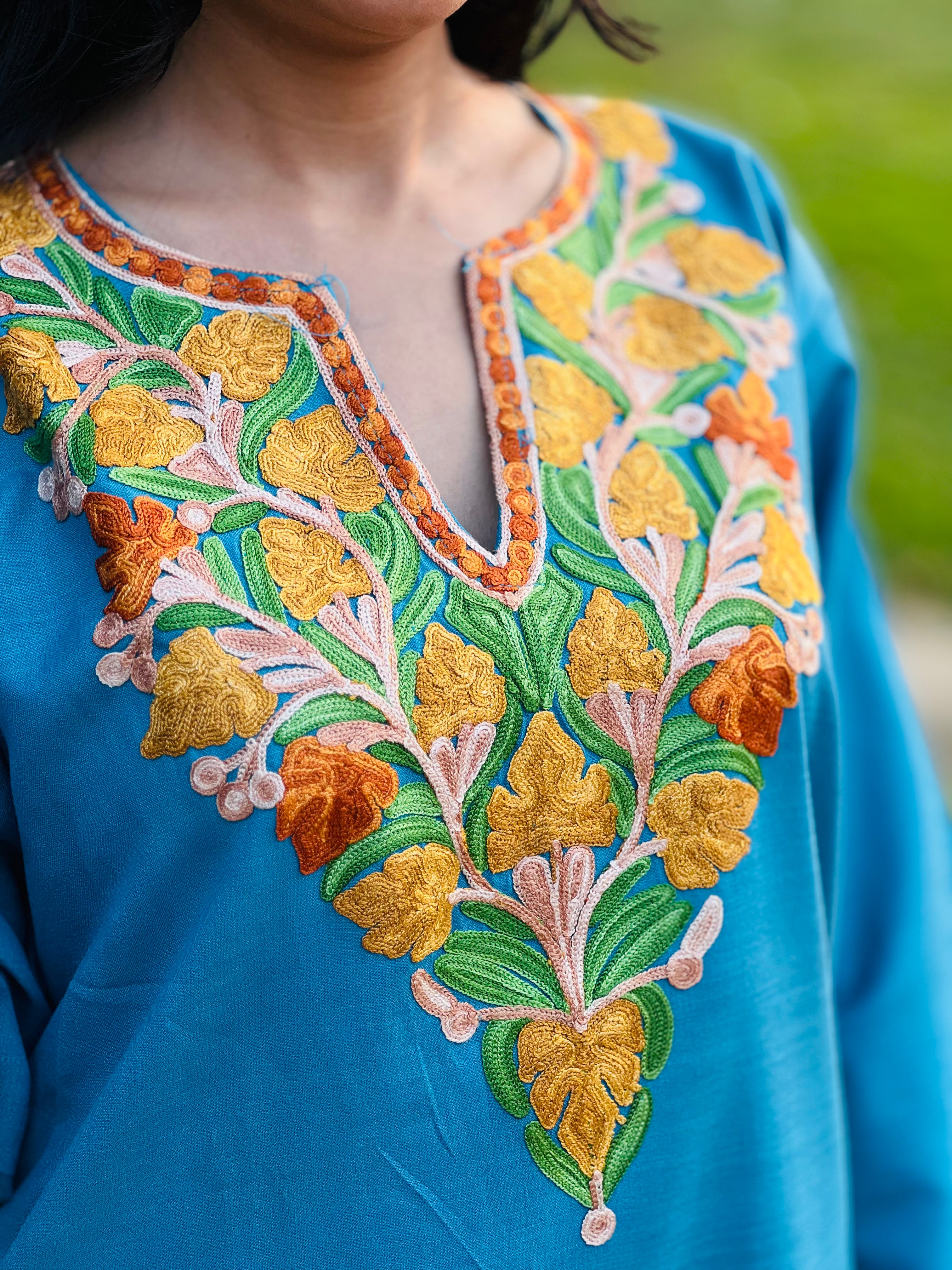 Sky Blue With Yellow Embroidered  Cotton Straight Kurti For Women