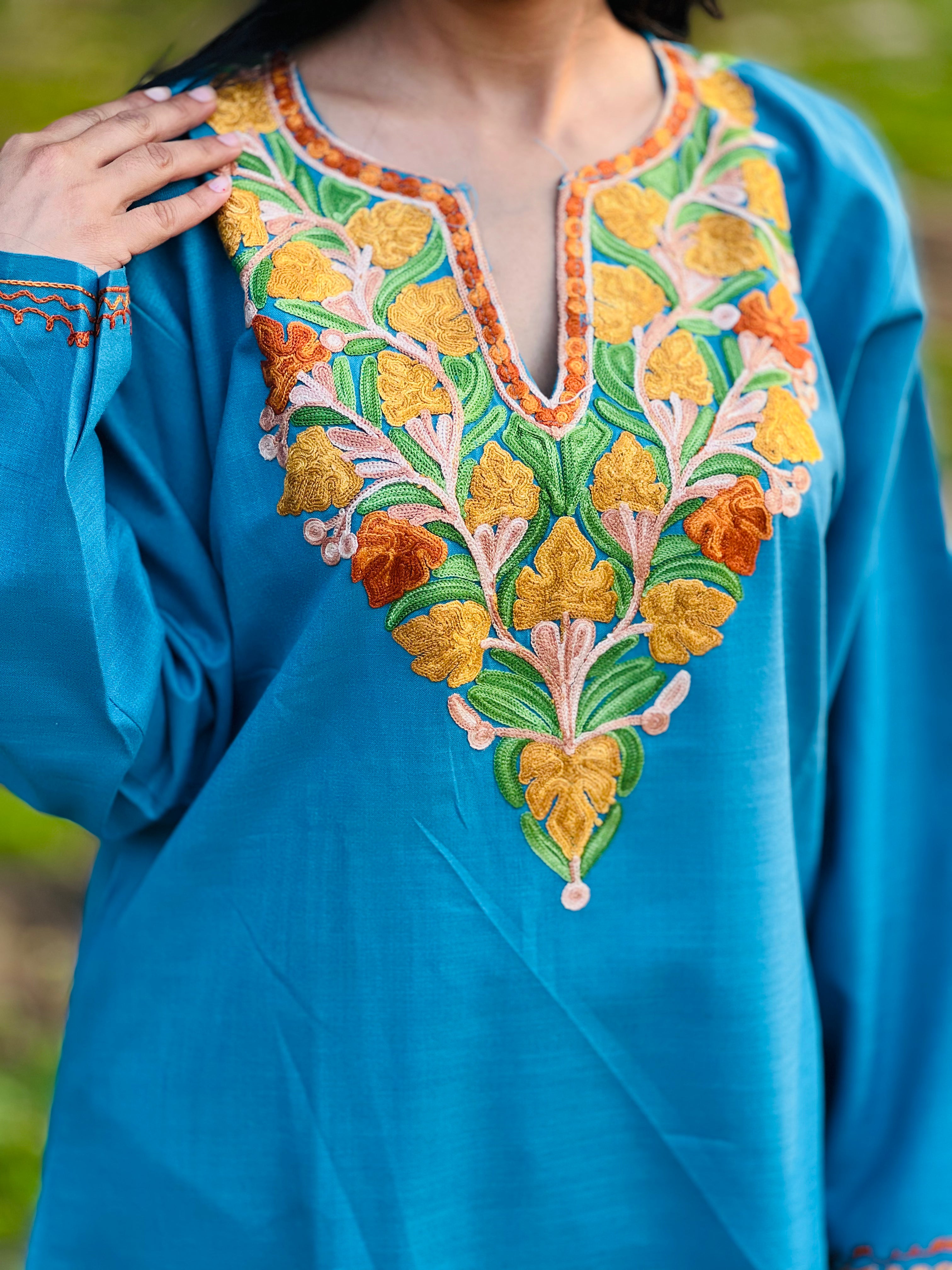 Sky Blue With Yellow Embroidered Thread Work Cotton Straight Kurti For Women